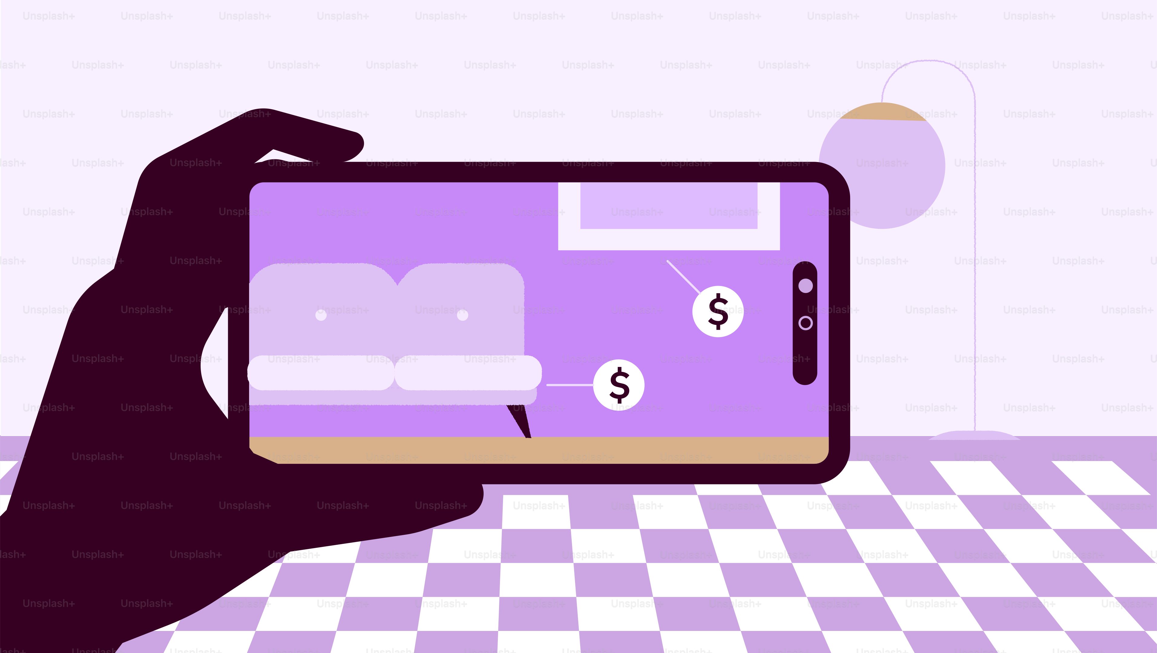 Handhaltendes Handy zeigt Augmented-Reality-Wohnungsansicht an.