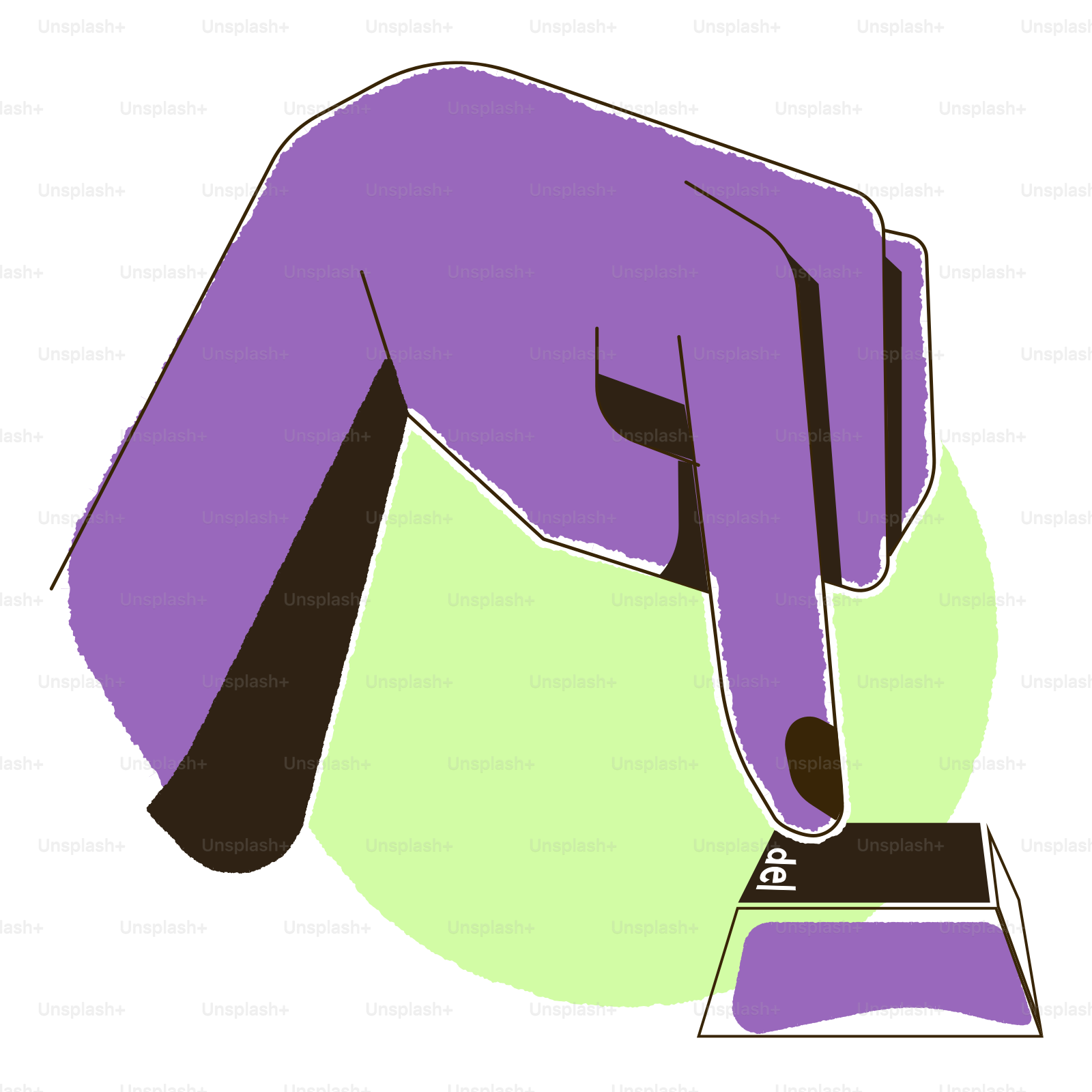 Uma mão roxa pressionando um botão preto.