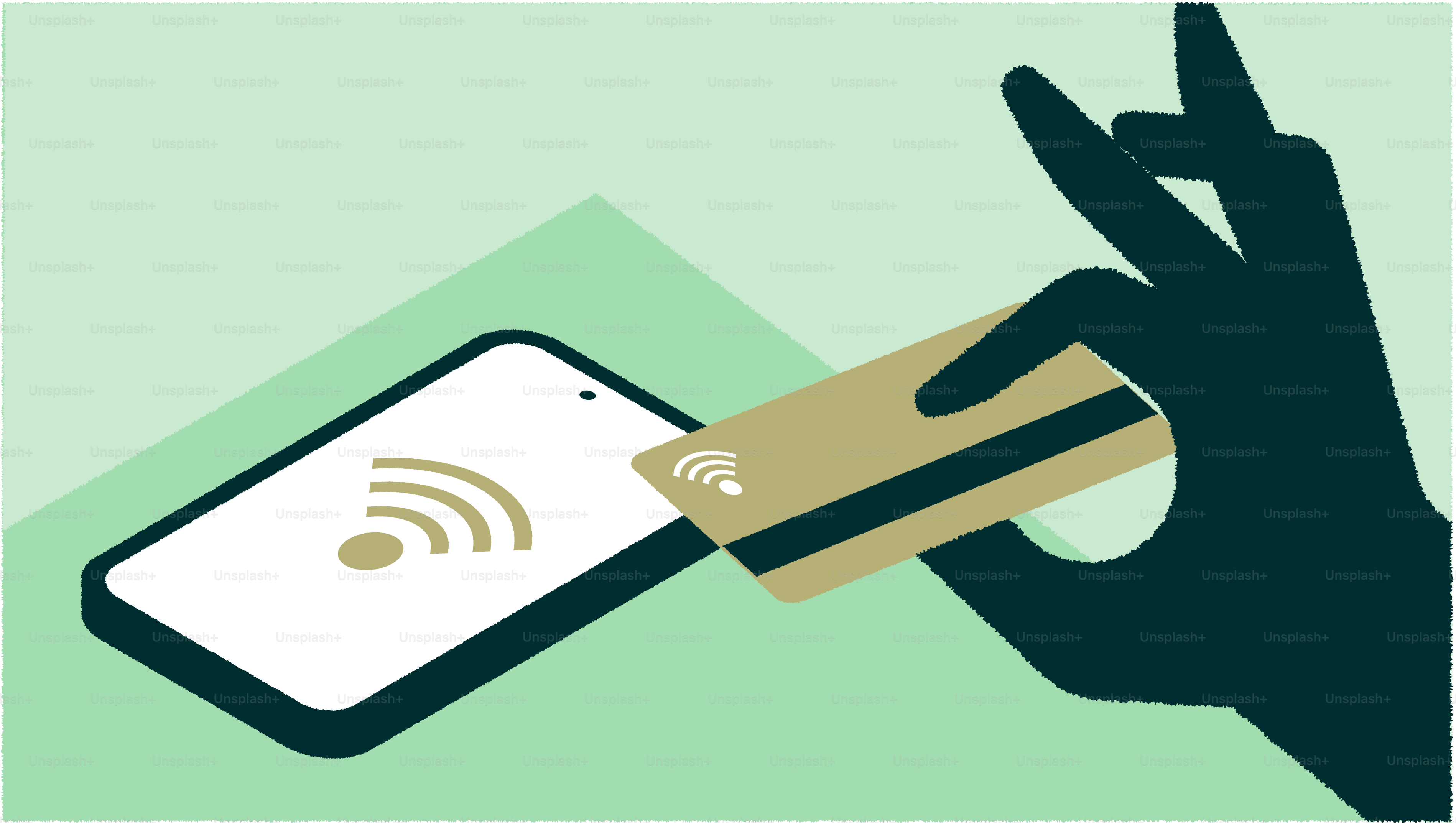 Hand holding credit card near smartphone with wifi symbol.
