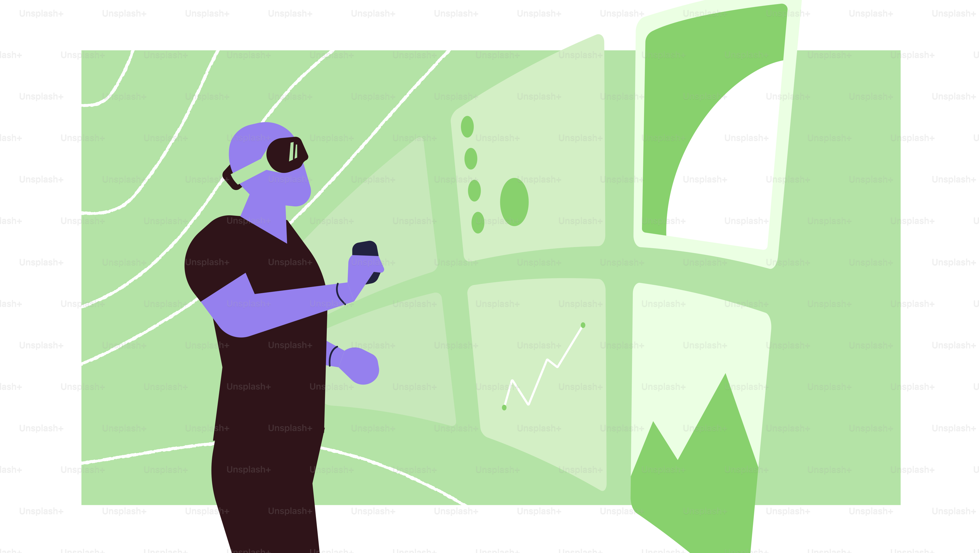 Person mit VR-Headset interagiert mit digitalen Bildschirmen