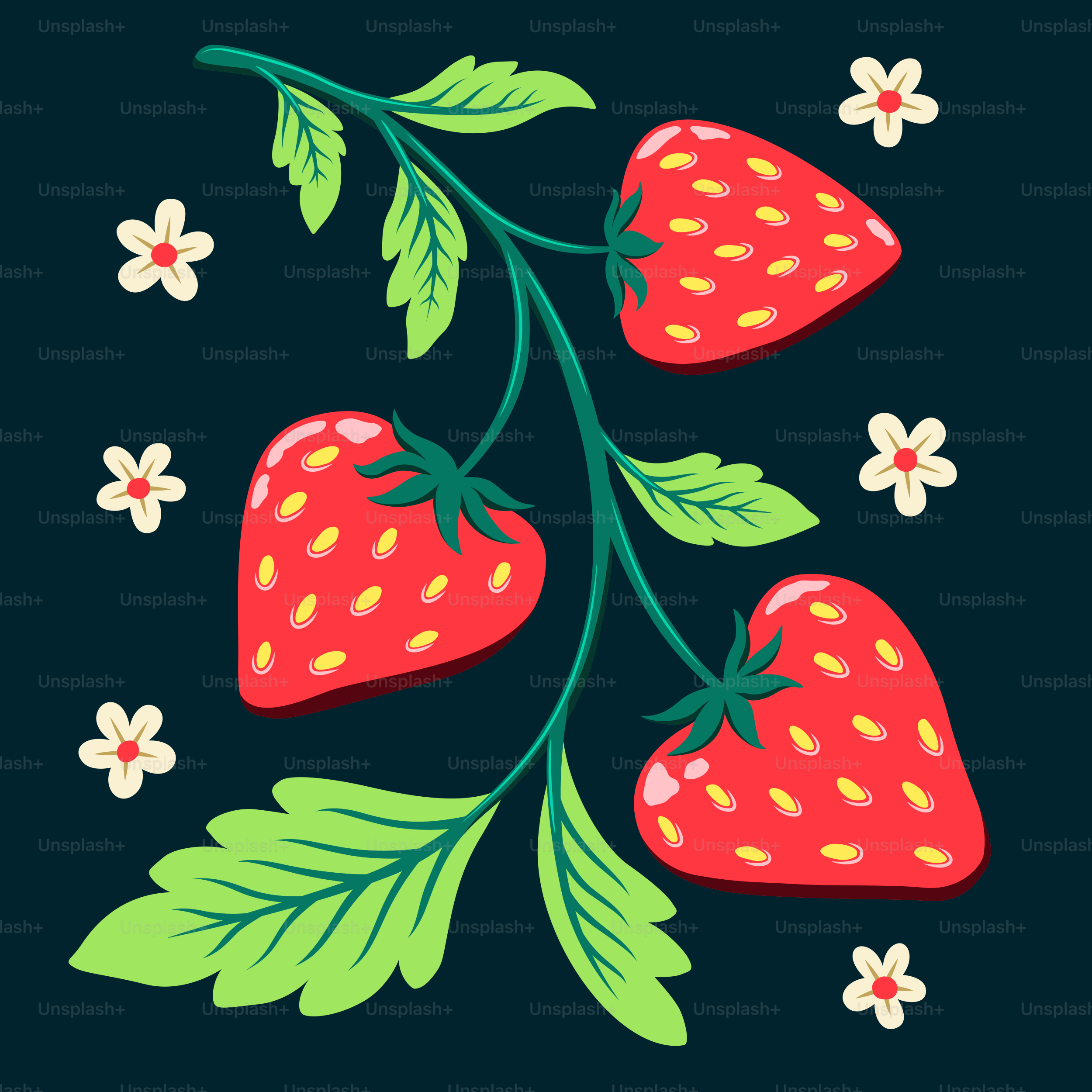 Three ripe strawberries on a vine with leaves and flowers.