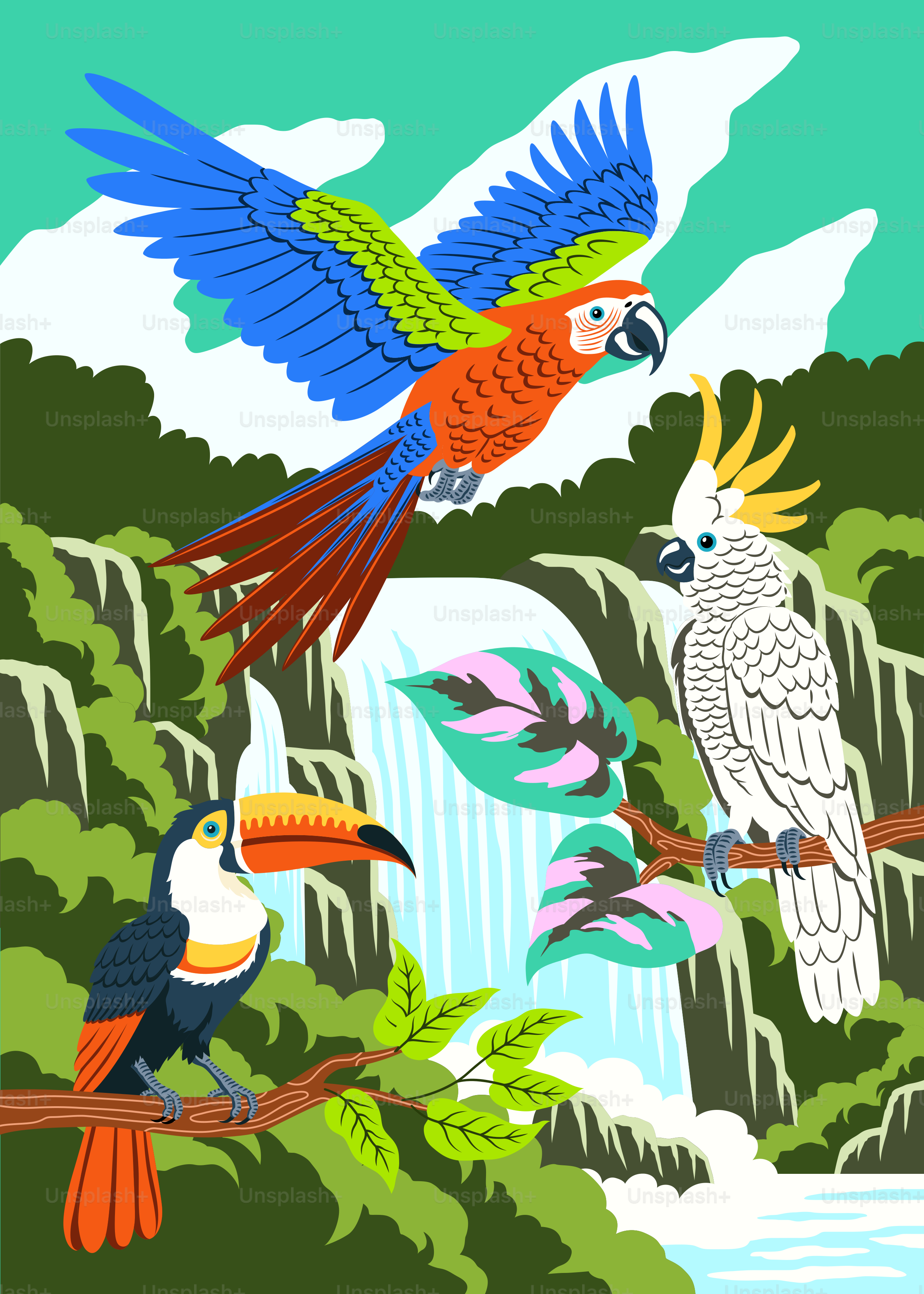 Three colorful parrots in a lush jungle with waterfall.