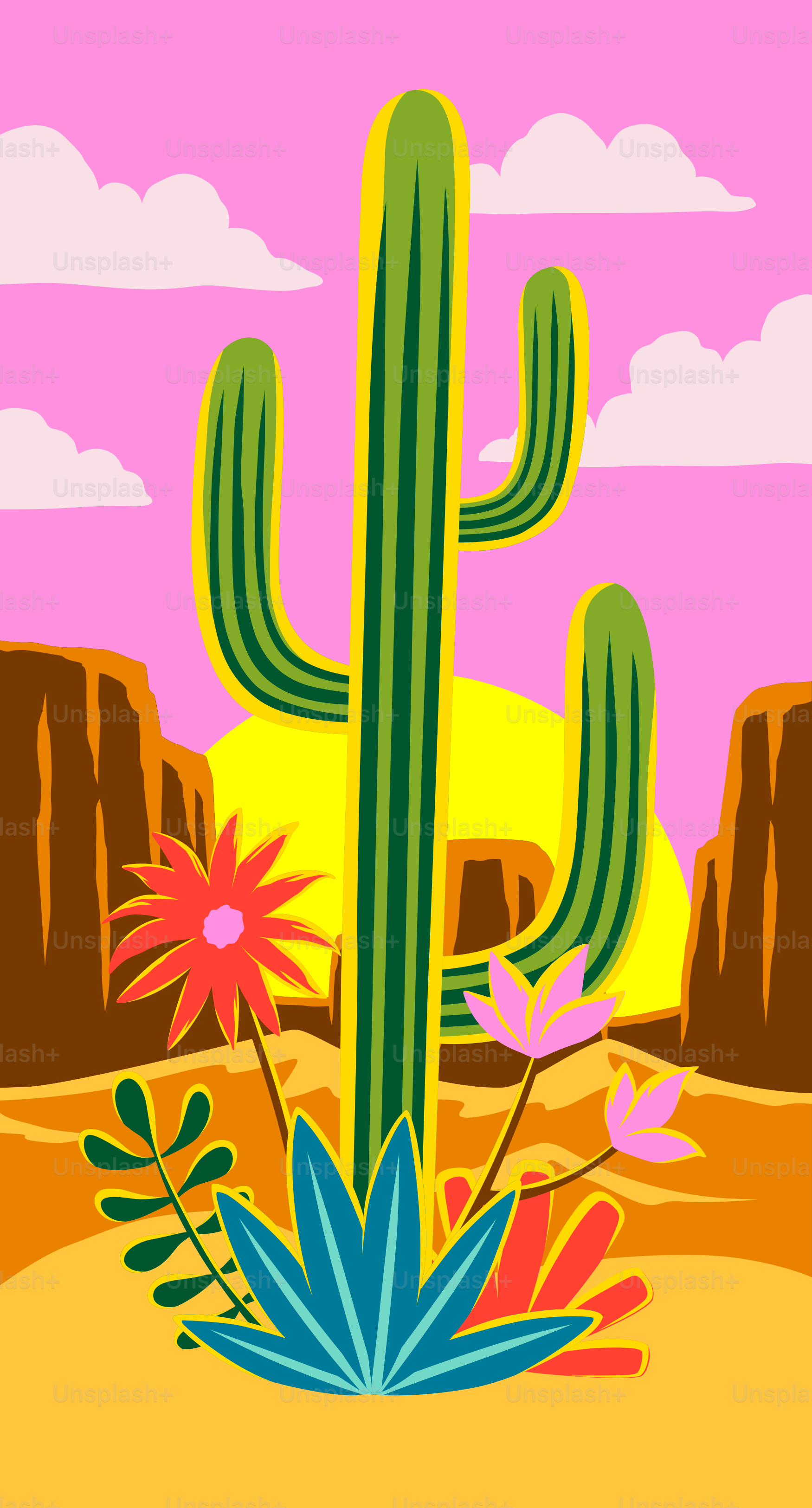 Desert landscape with cactus and colorful flowers at sunset