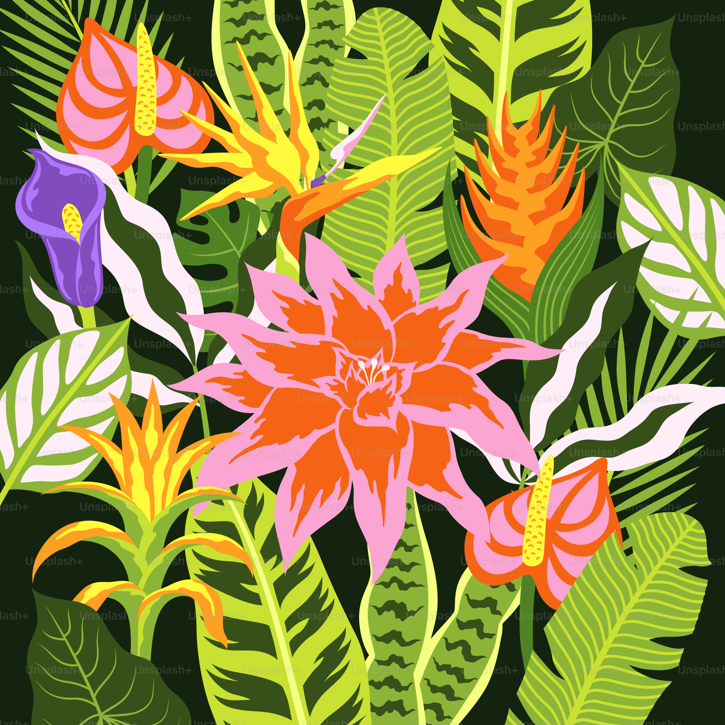Vibrant tropical plants and flowers in lush foliage