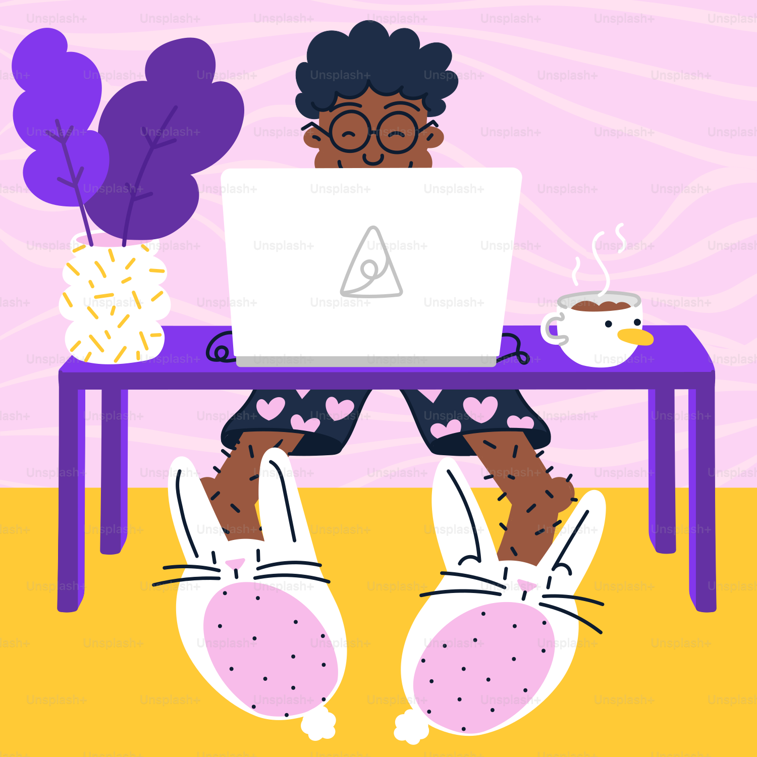 Person, die am Laptop arbeitet und Hasenschuhe trägt