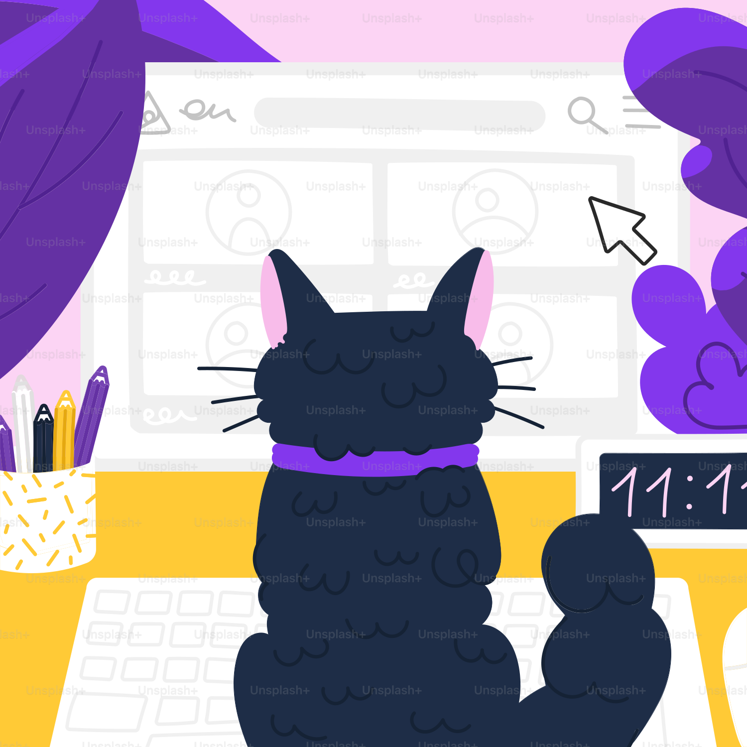 Um gato preto está sentado em frente a um teclado de computador.