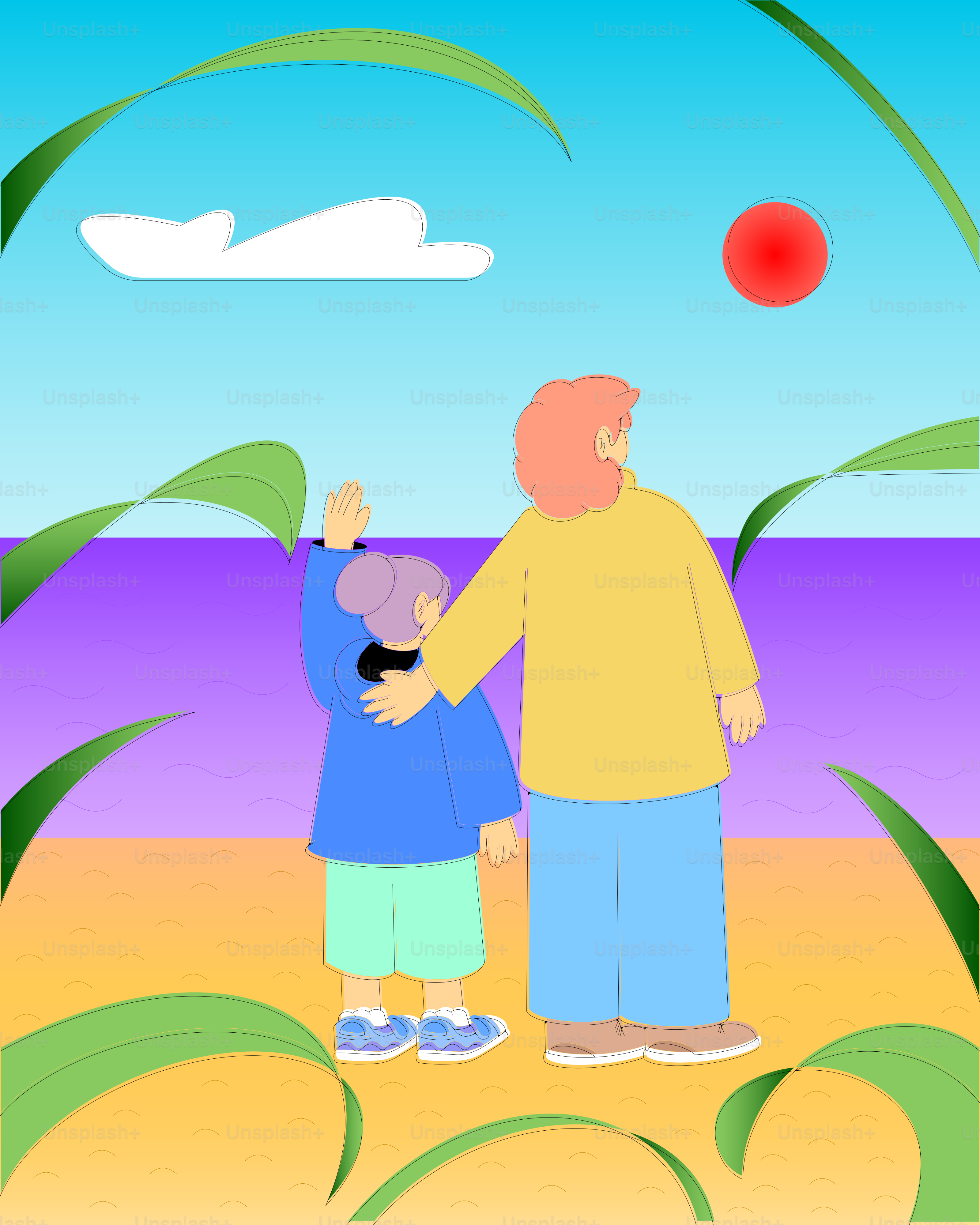 Two people looking at a red sun in the sky