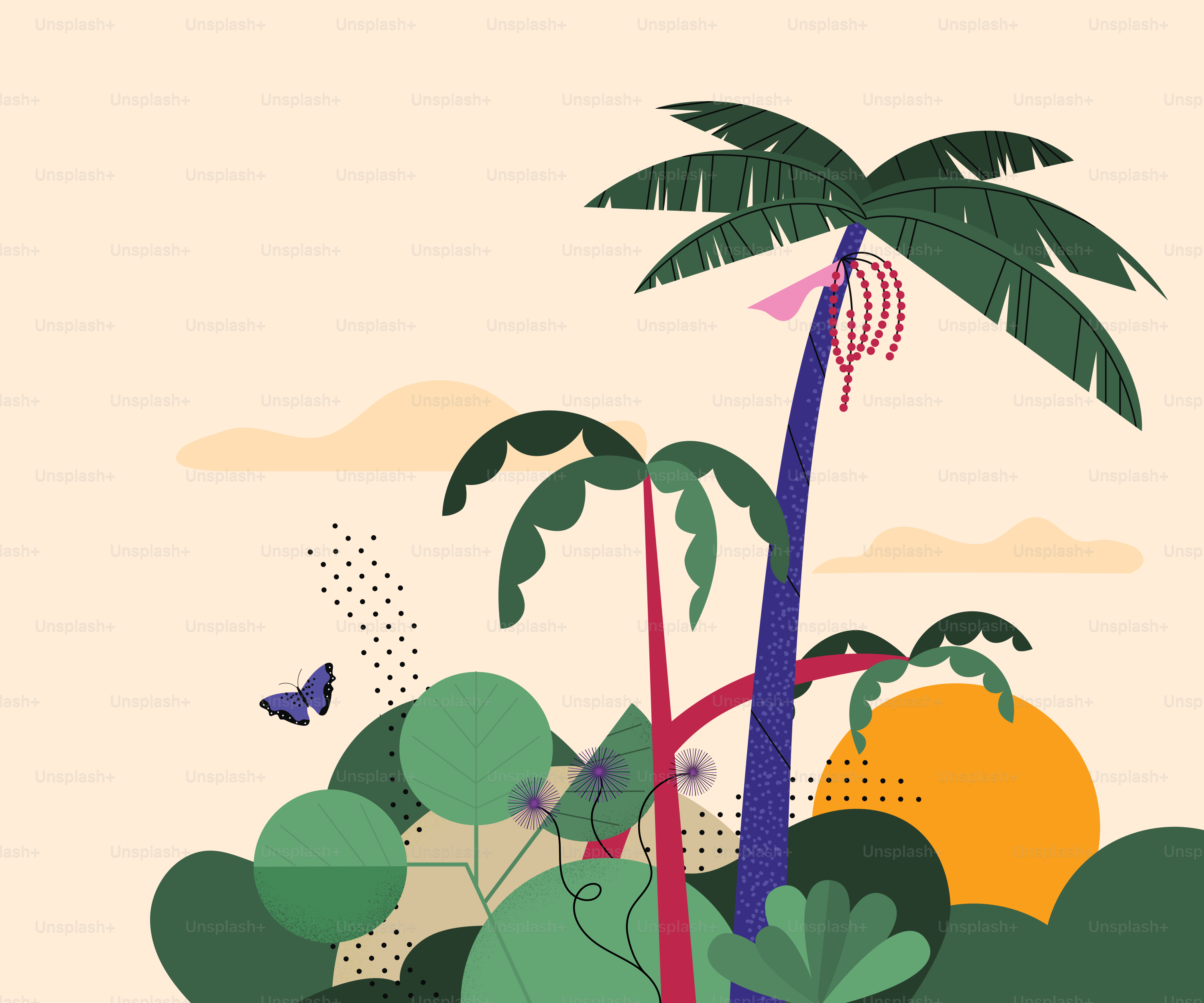 An illustration of a tropical island with palm trees