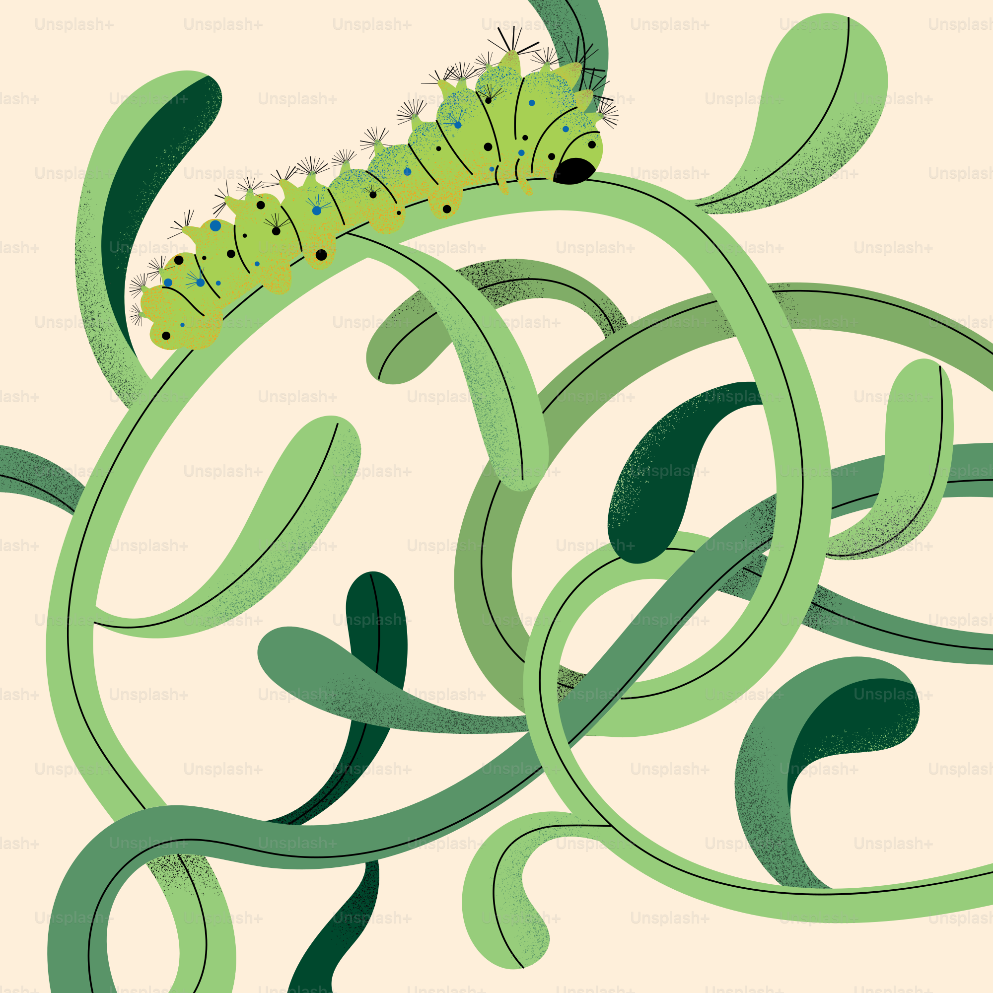 A green caterpillar crawls on twisting vines.