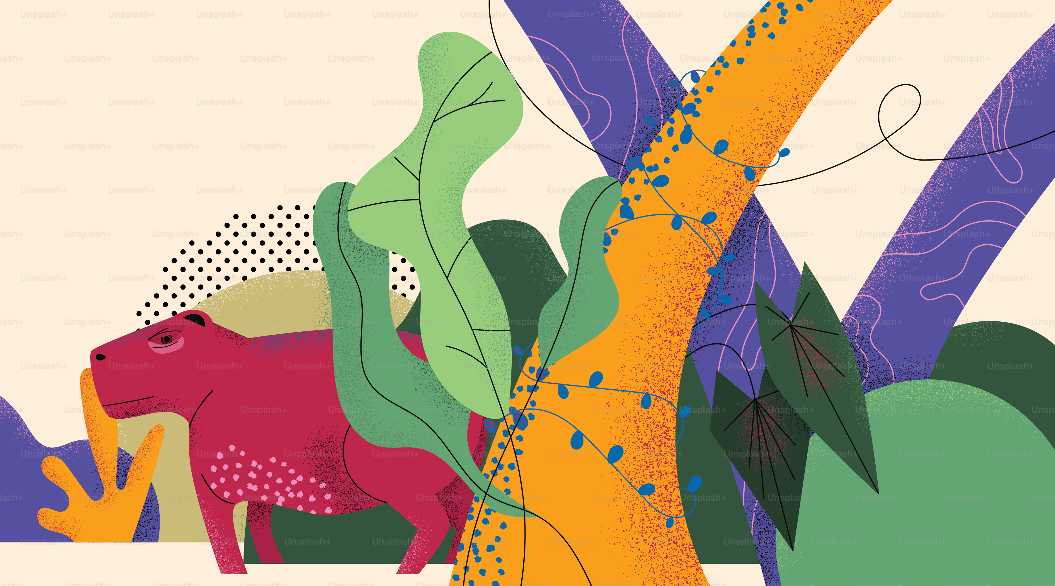 A red capybara stands among colorful jungle plants.