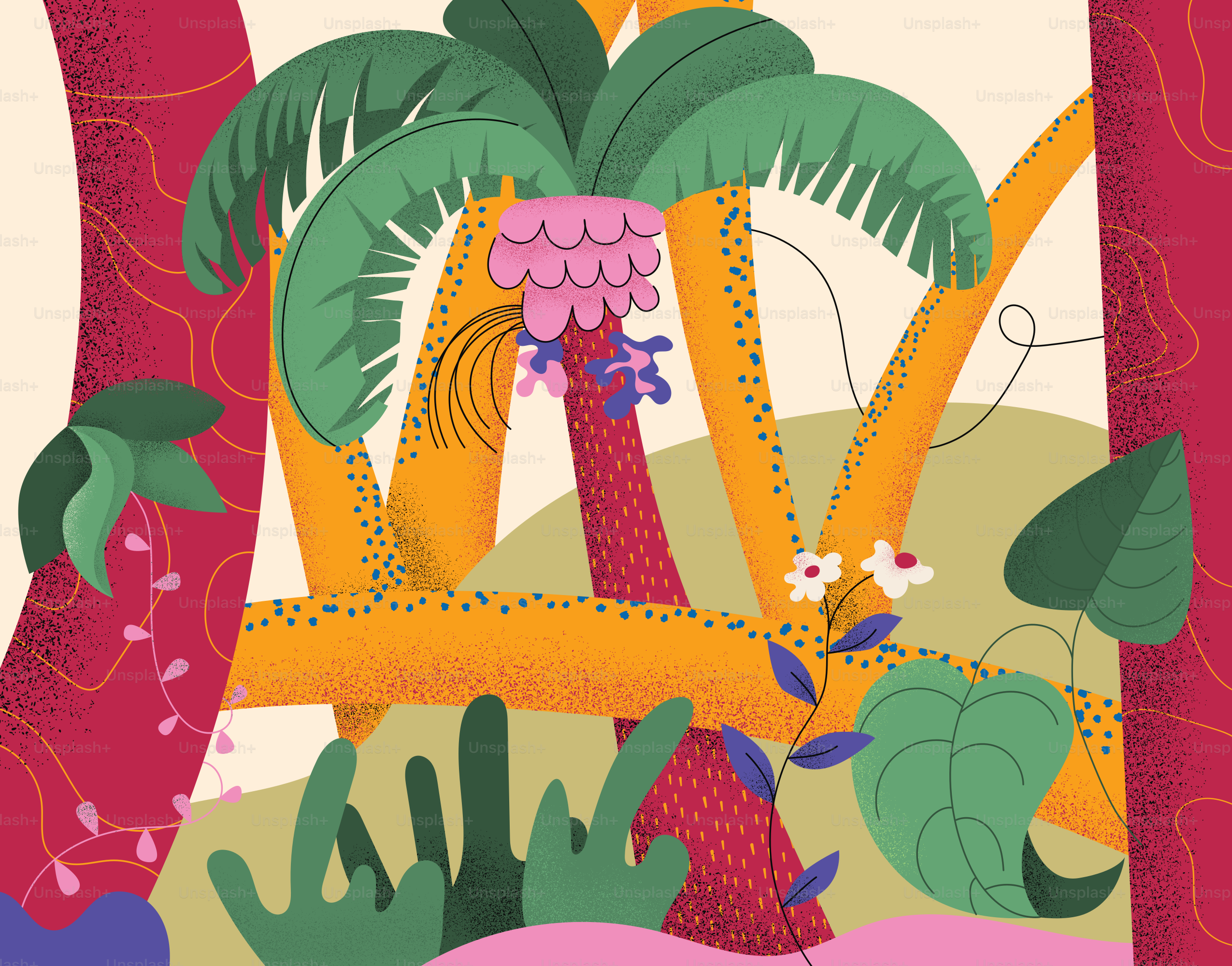 A painting of a palm tree with a pink sky in the background