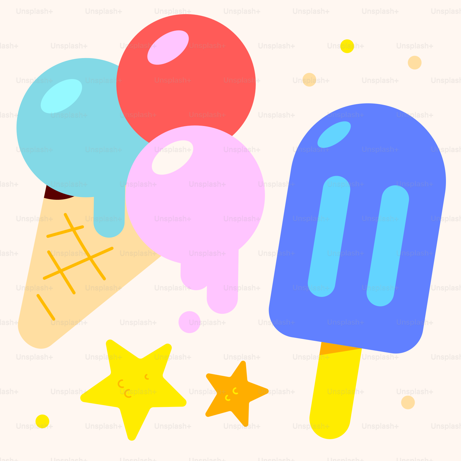 Colorful ice cream cone and popsicle with stars
