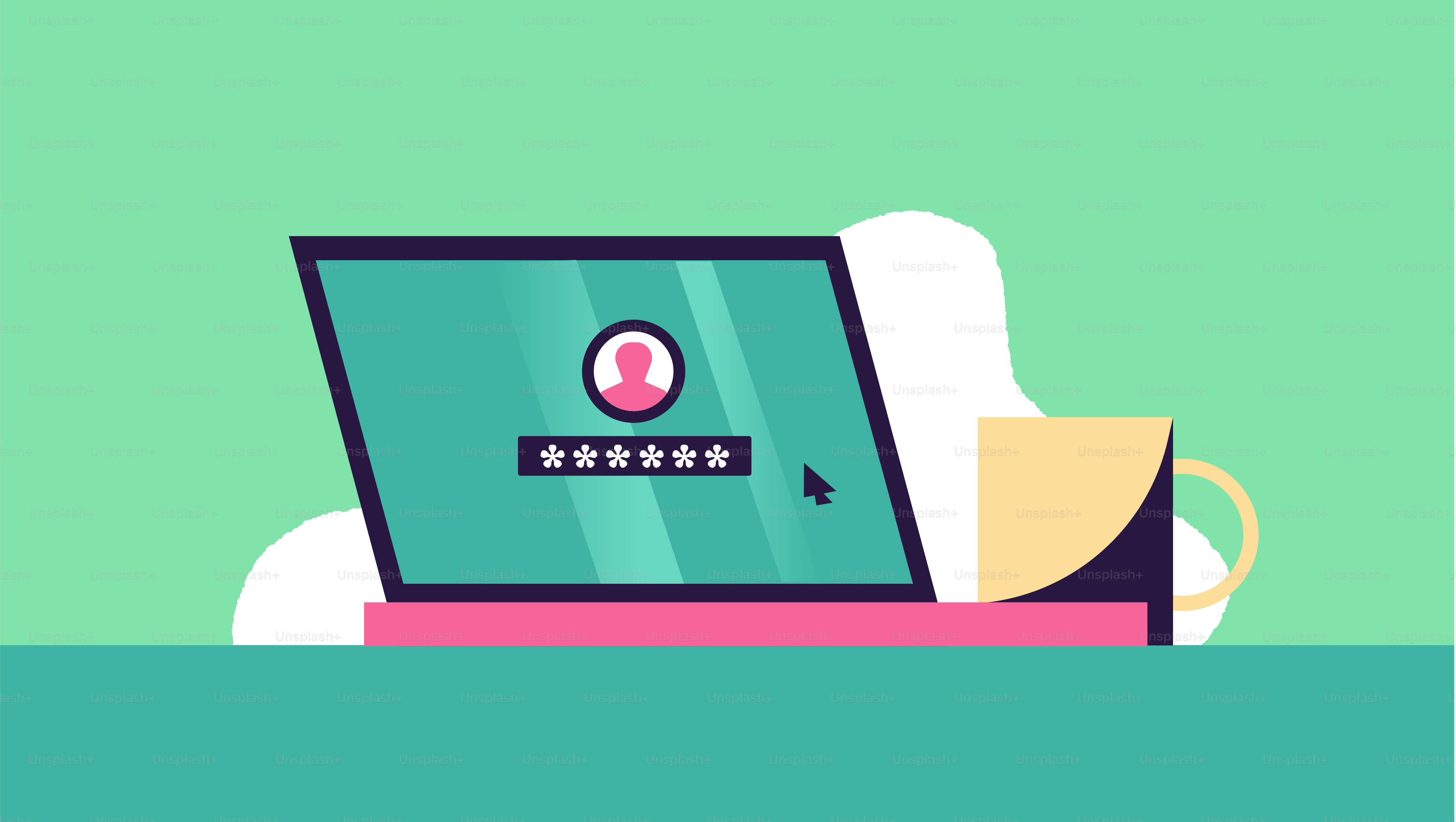 Tela do laptop exibindo login com estrelas e ícone de perfil.