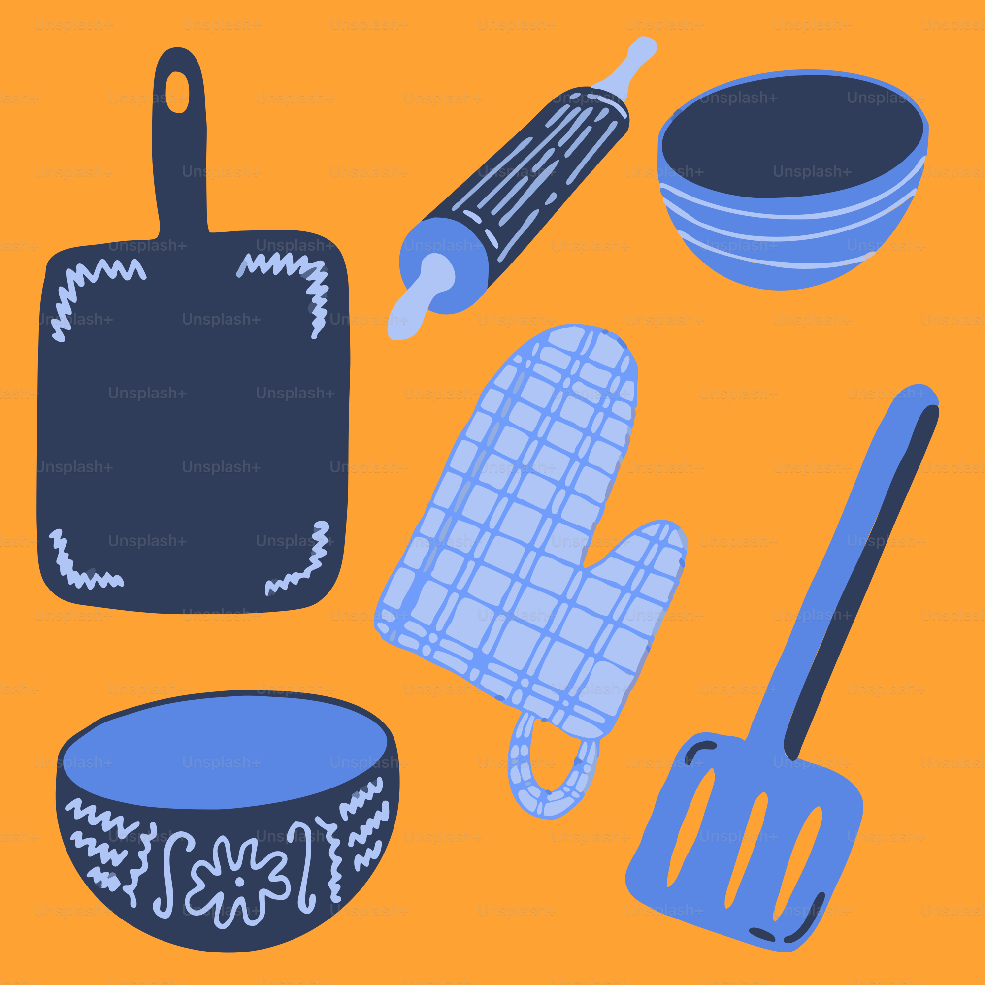 Cooking utensils are arranged on an orange background.