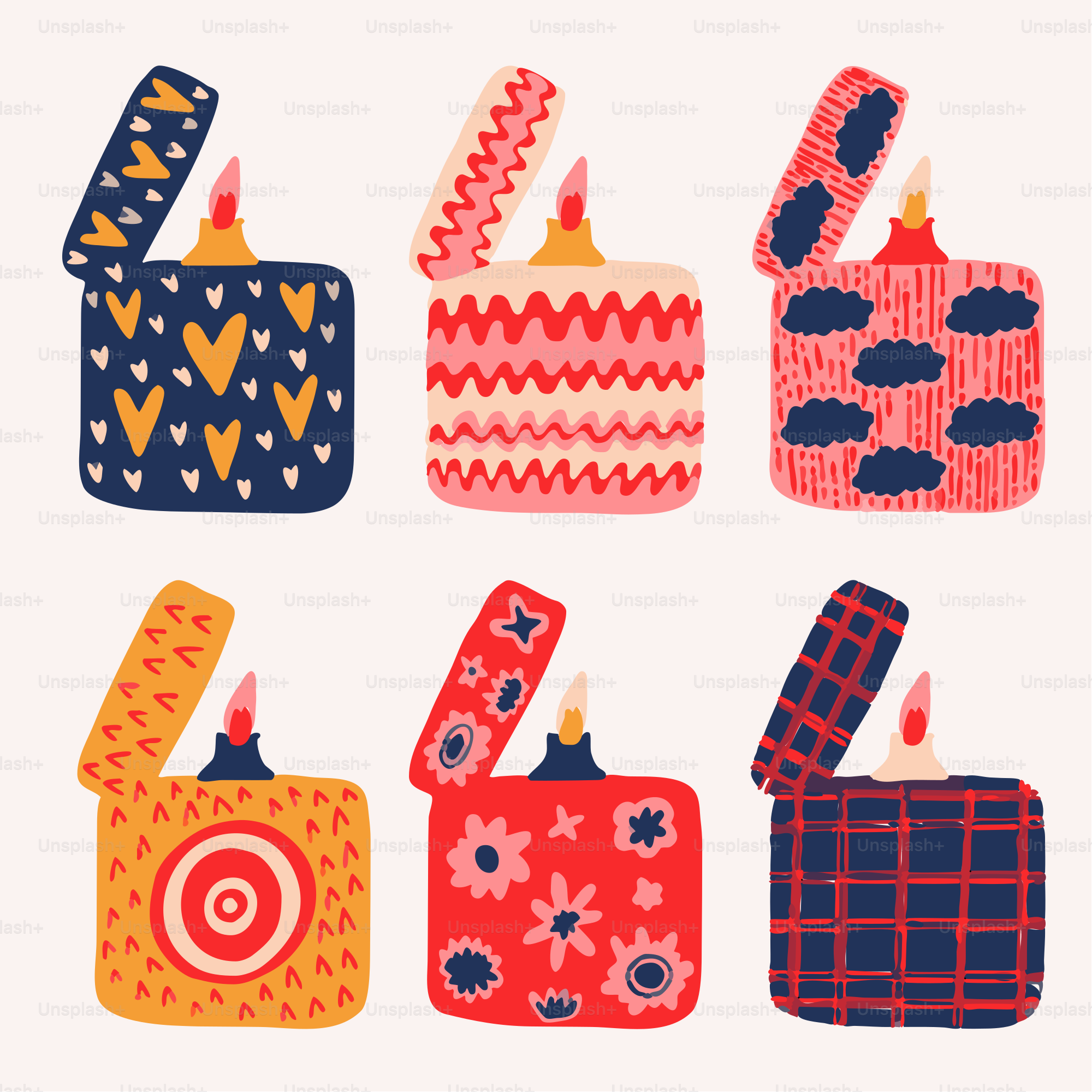 Six decorative lighters with different patterns