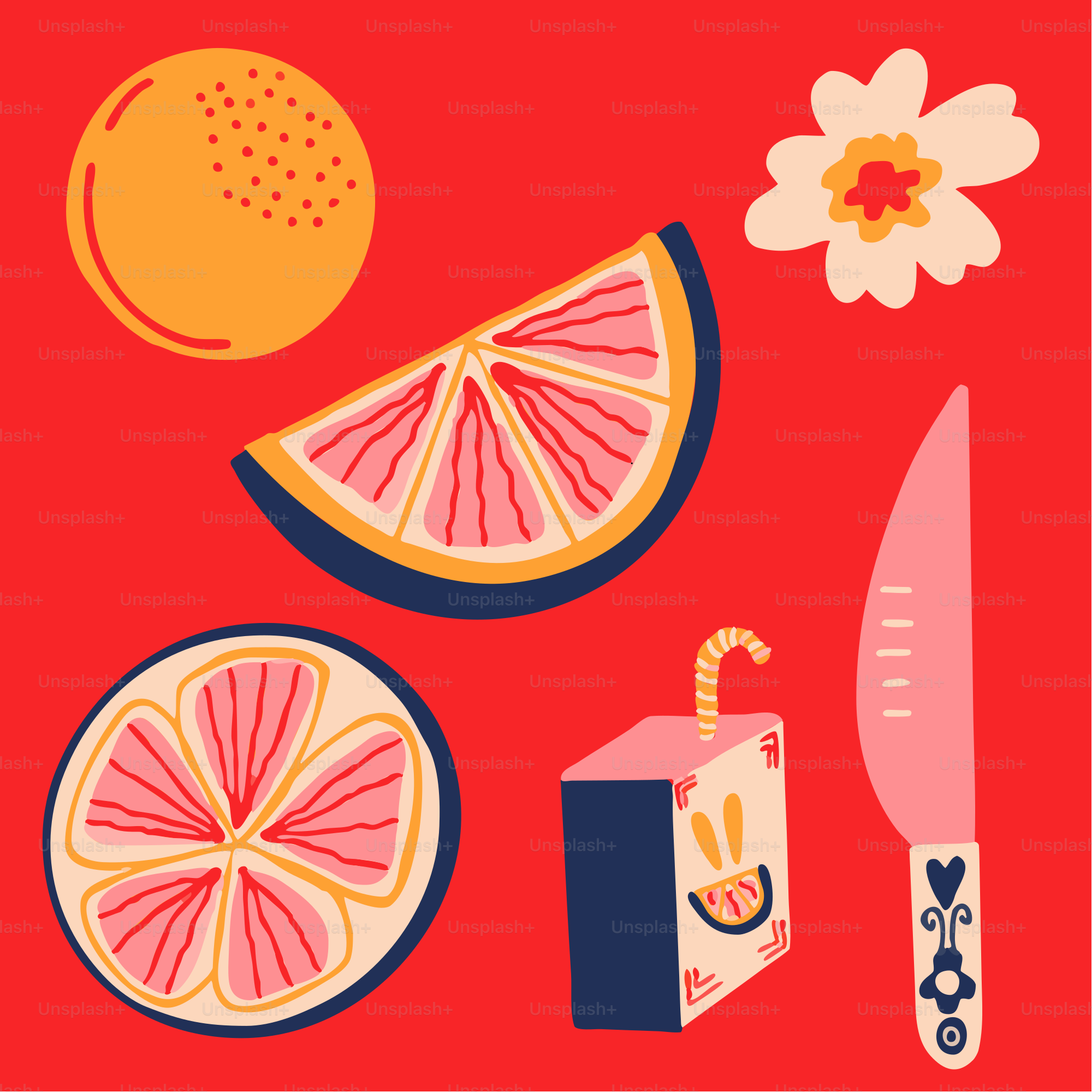 Una disposición estilizada de cítricos, zumo y cuchillo.