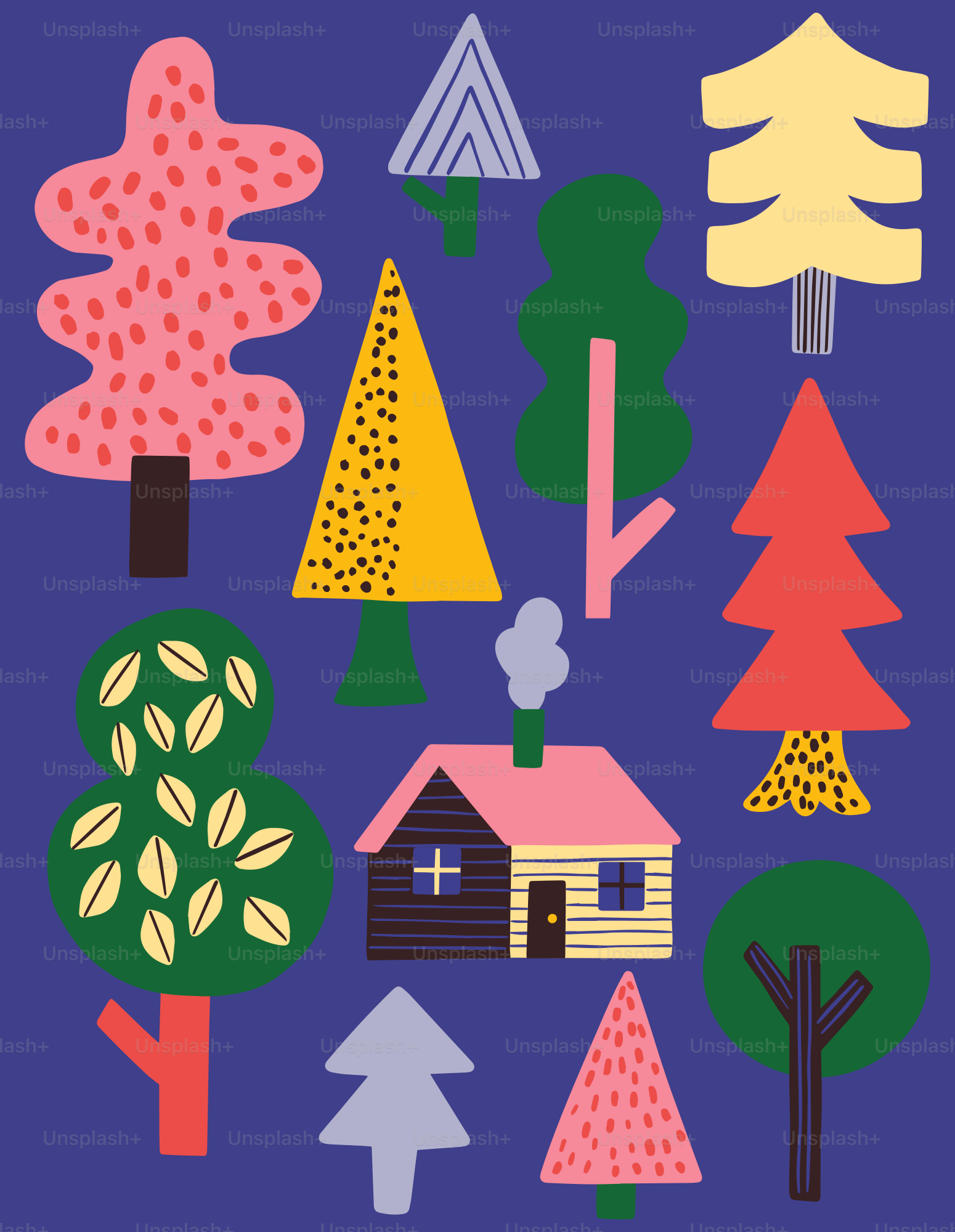 A whimsical forest scene with a small cabin.