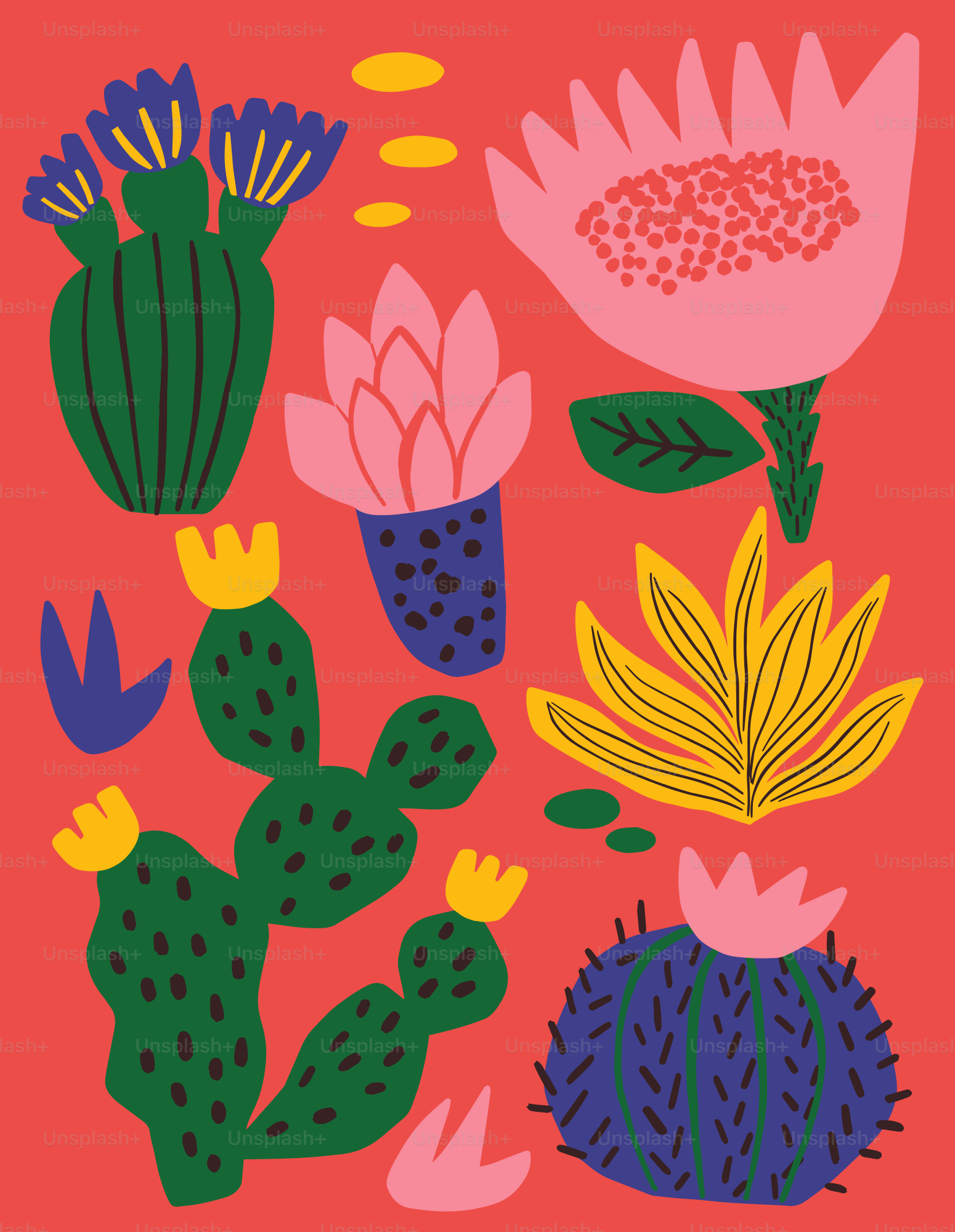 Piante e fiori del deserto colorati su sfondo rosso