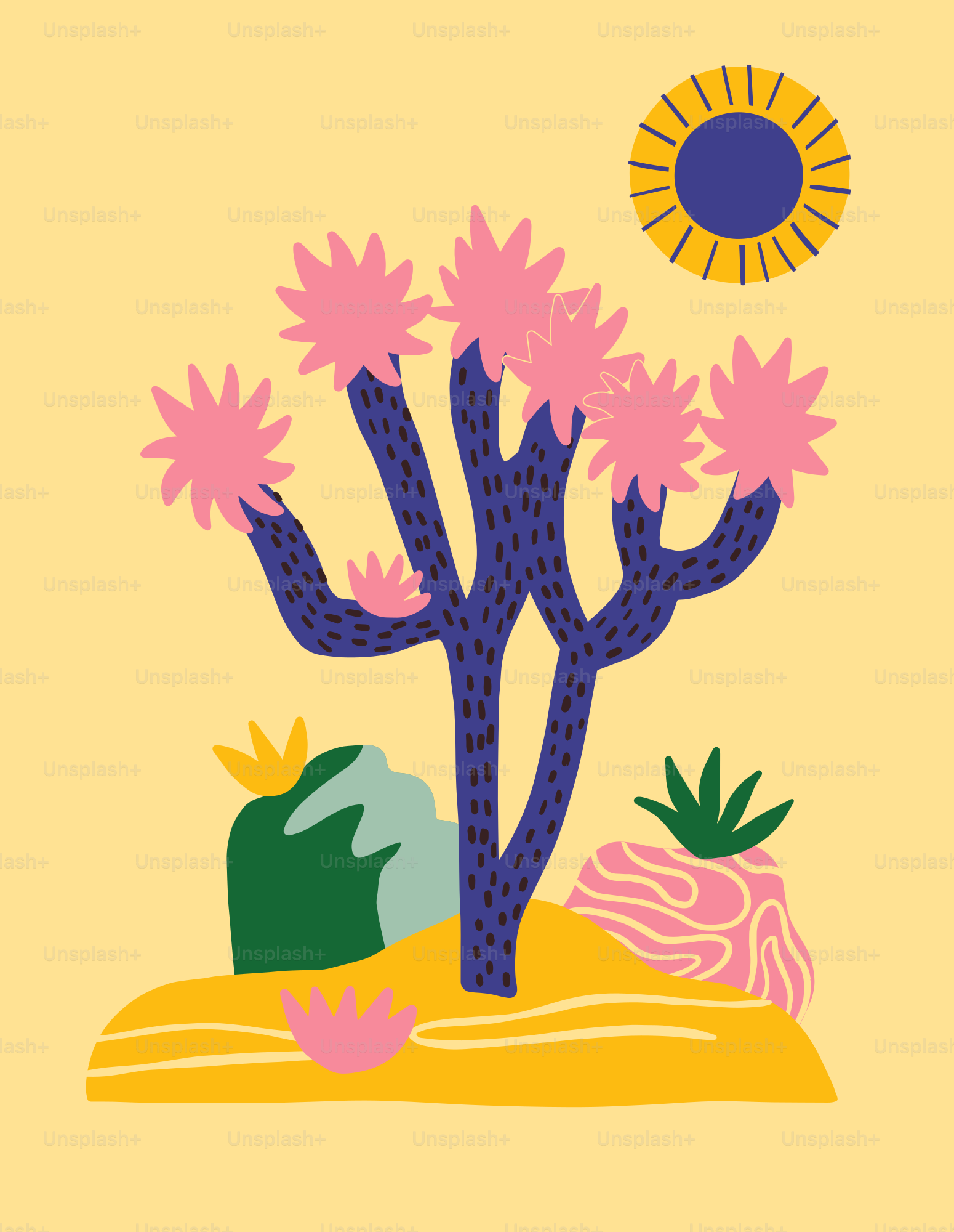 Stylized desert landscape with a purple joshua tree.