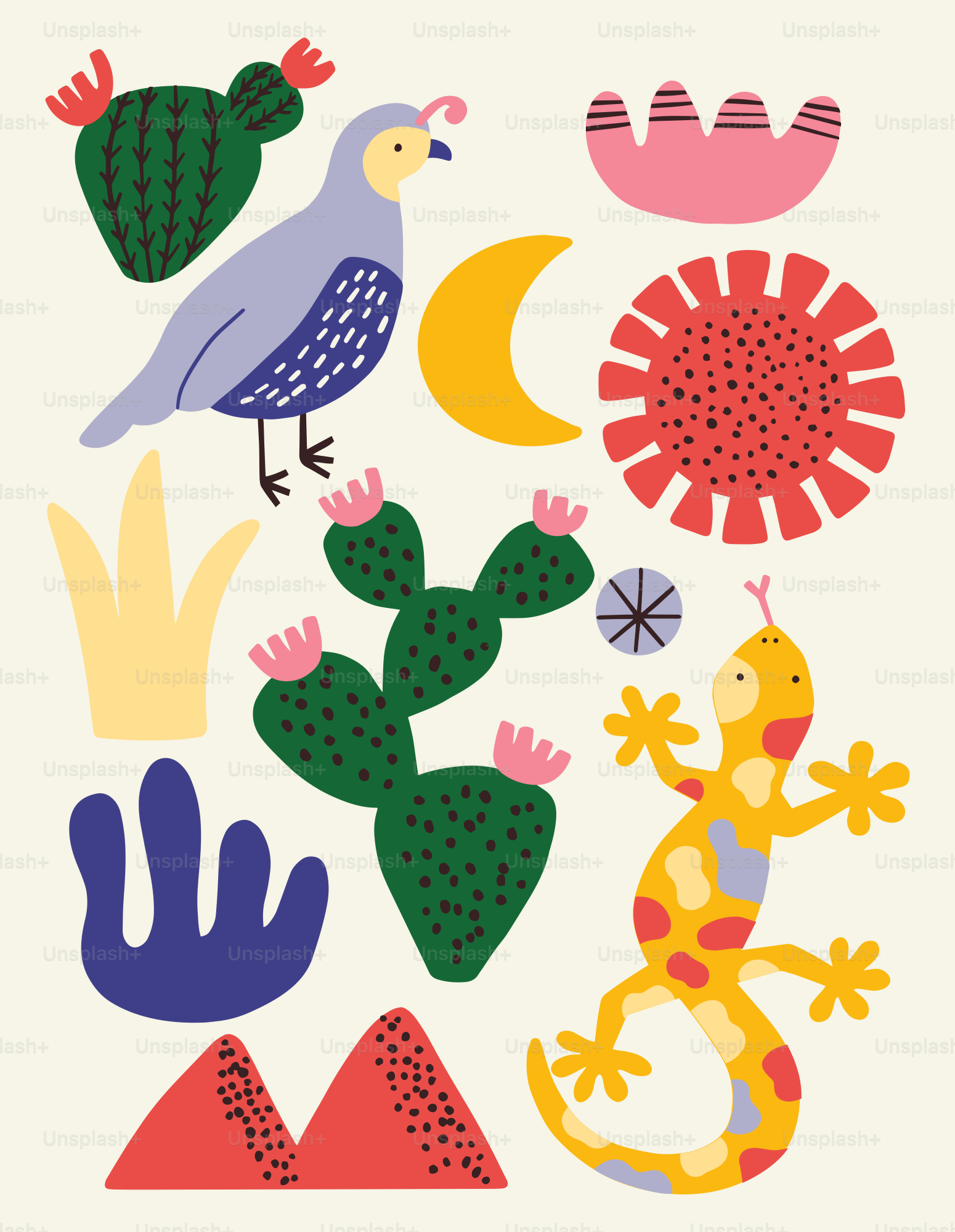 Una foto di un uccello, una lucertola e un cactus