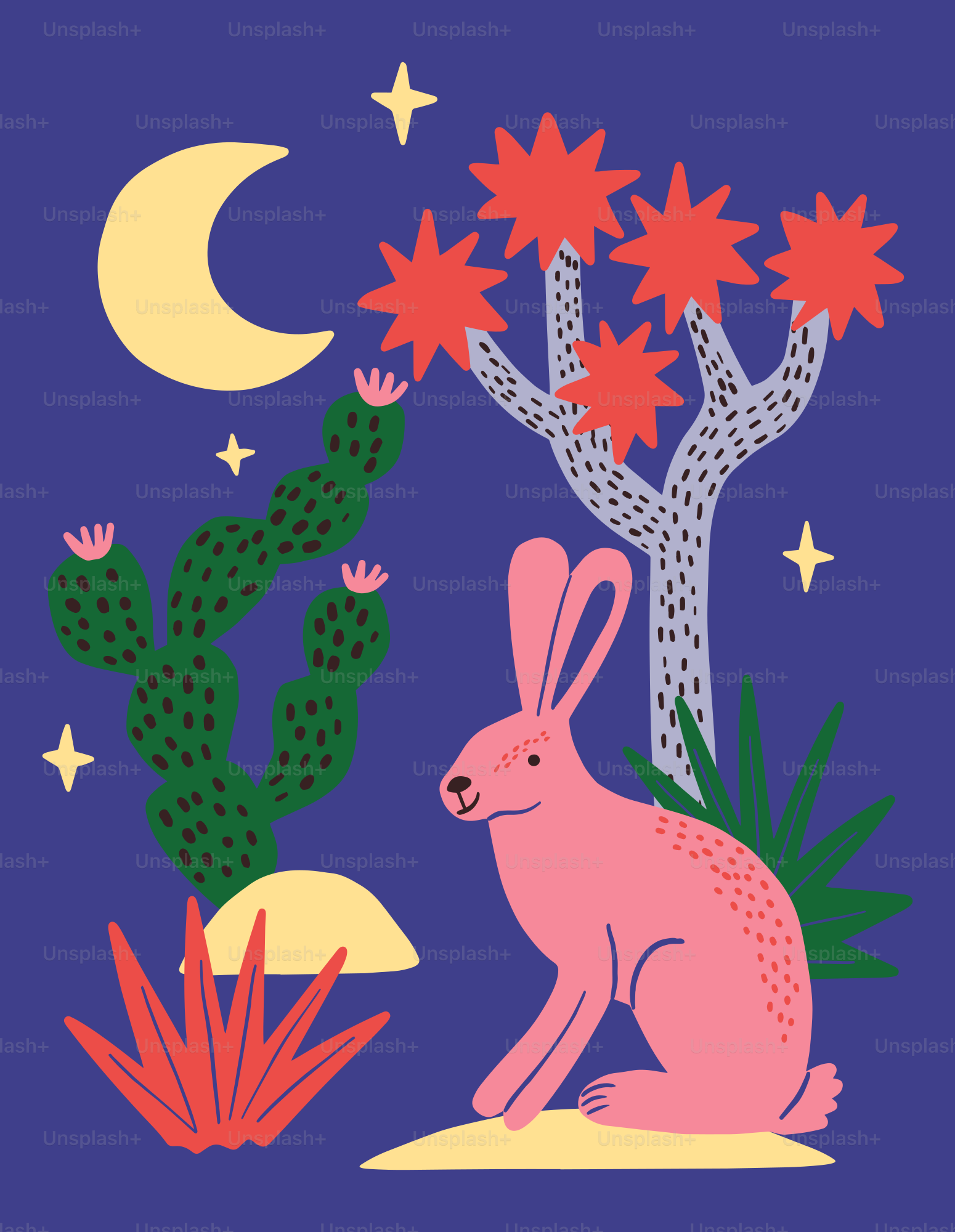 Lapin rose dans un paysage désertique la nuit