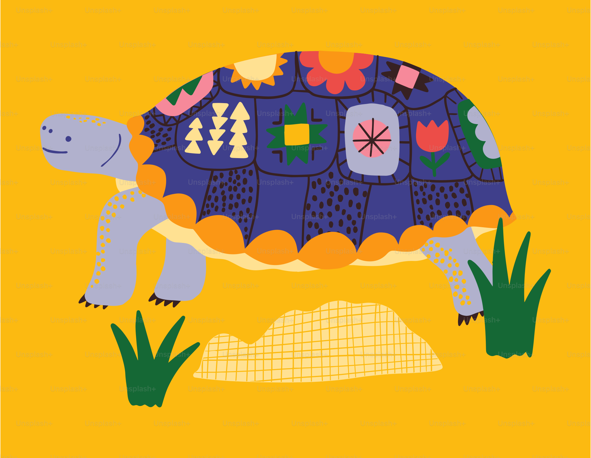 A stylized tortoise with a colorful, patterned shell walks.