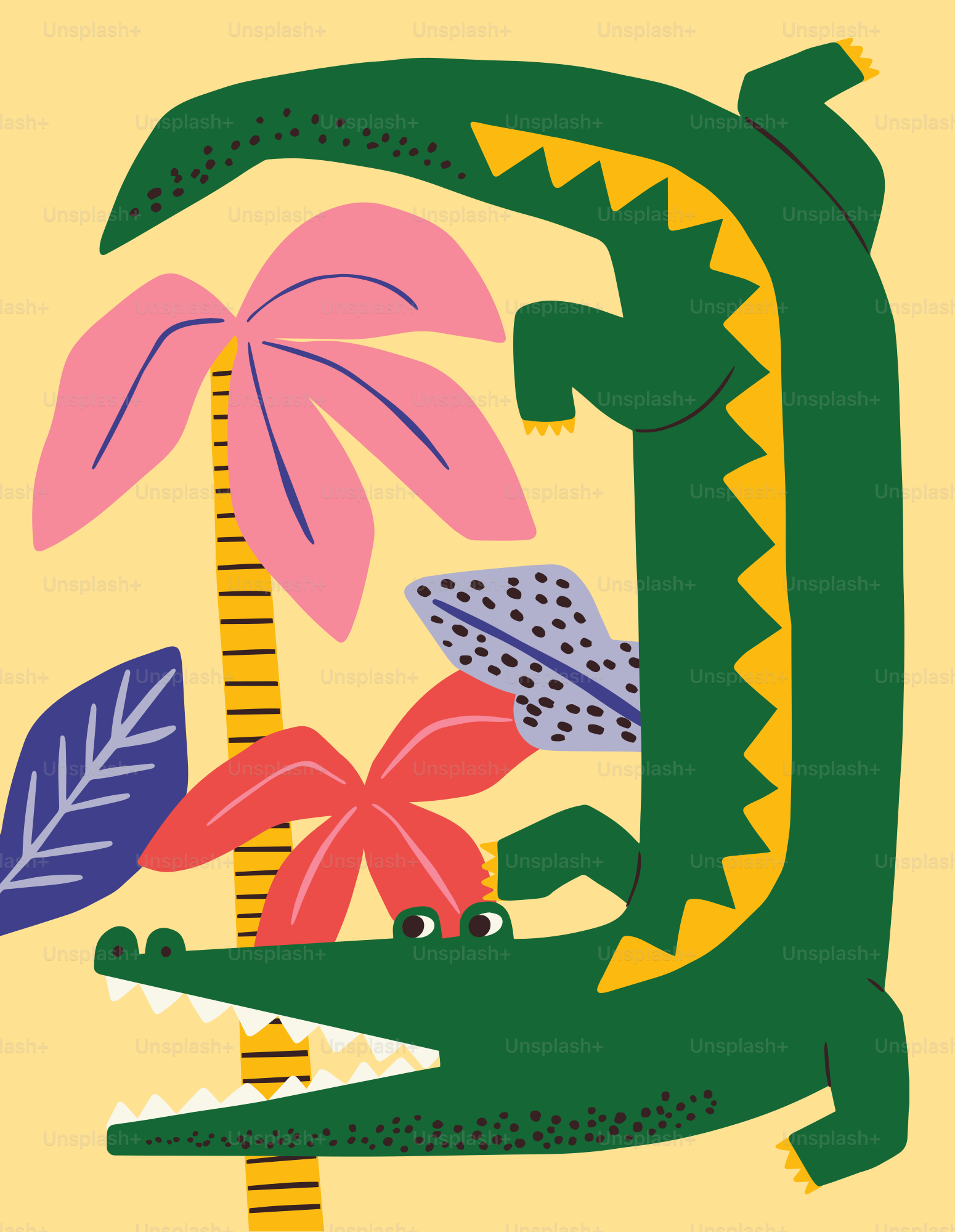 A green alligator among colorful tropical leaves