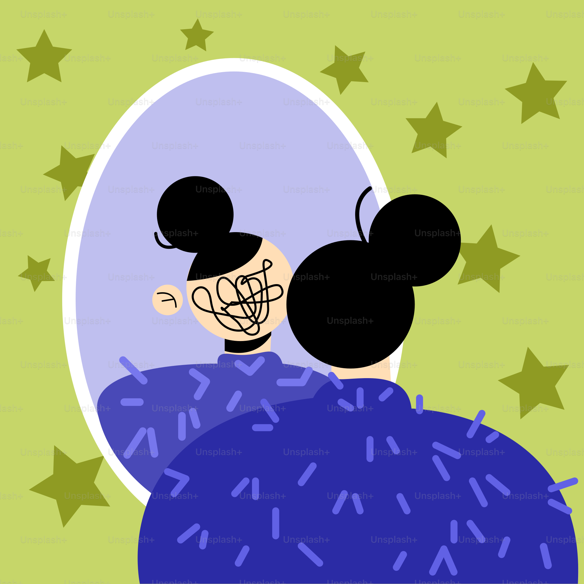 Frau sieht verworrene Gedanken im Spiegelbild