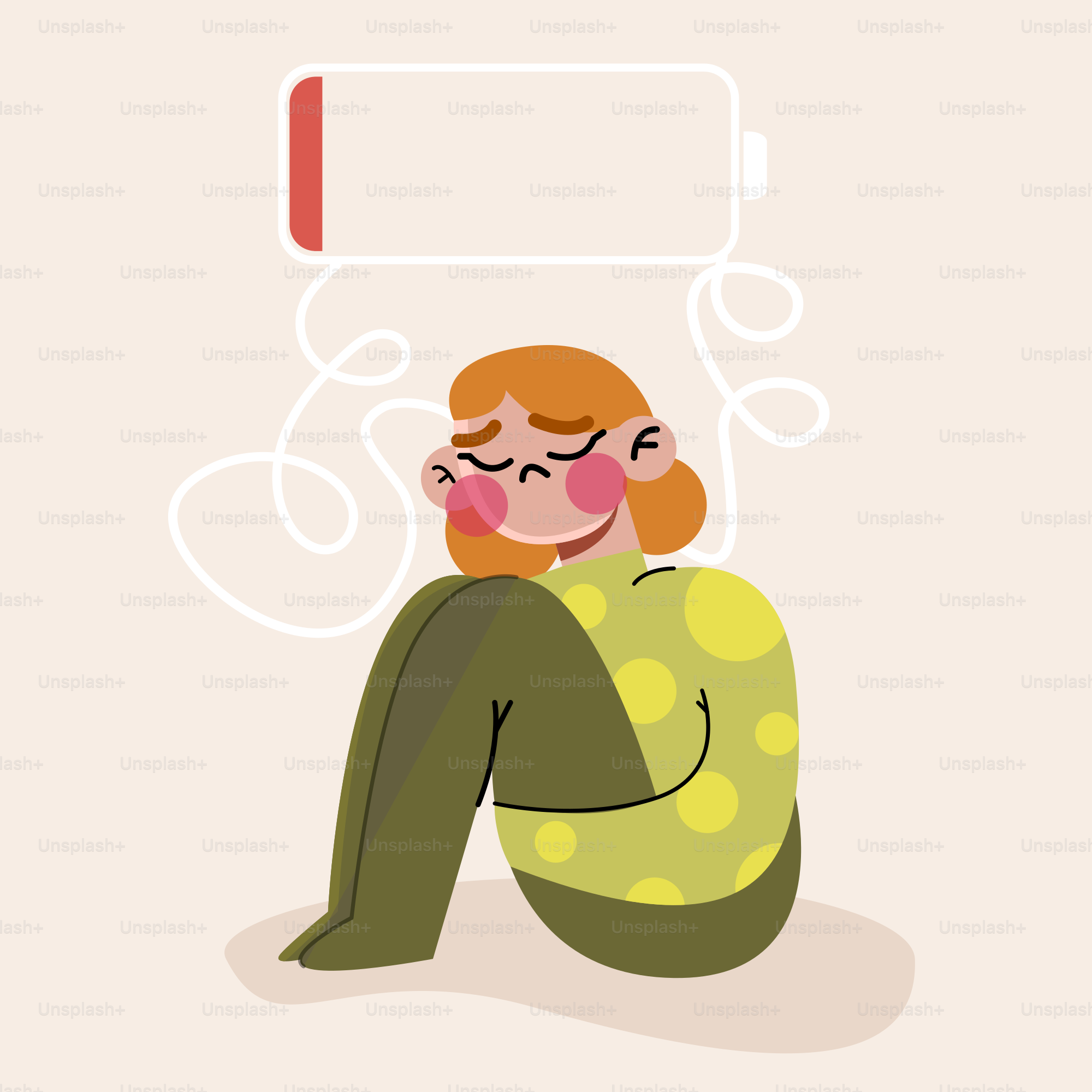 Eine Frau, die auf dem Boden saß, mit einer Gedankenblase über dem Kopf