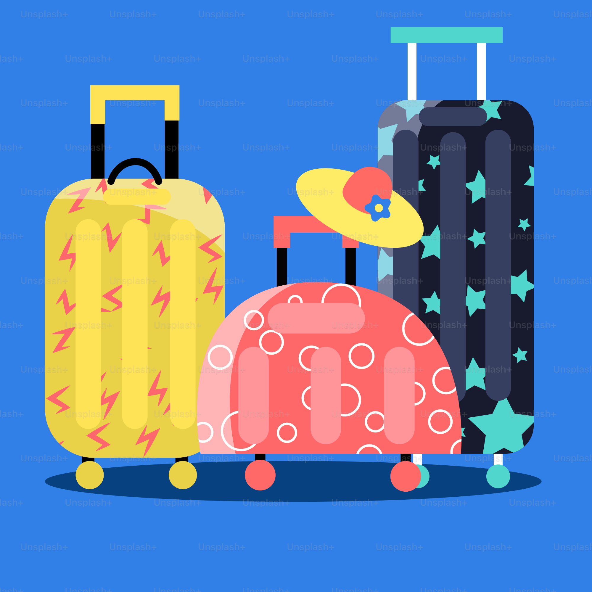 Three patterned suitcases and a straw hat.