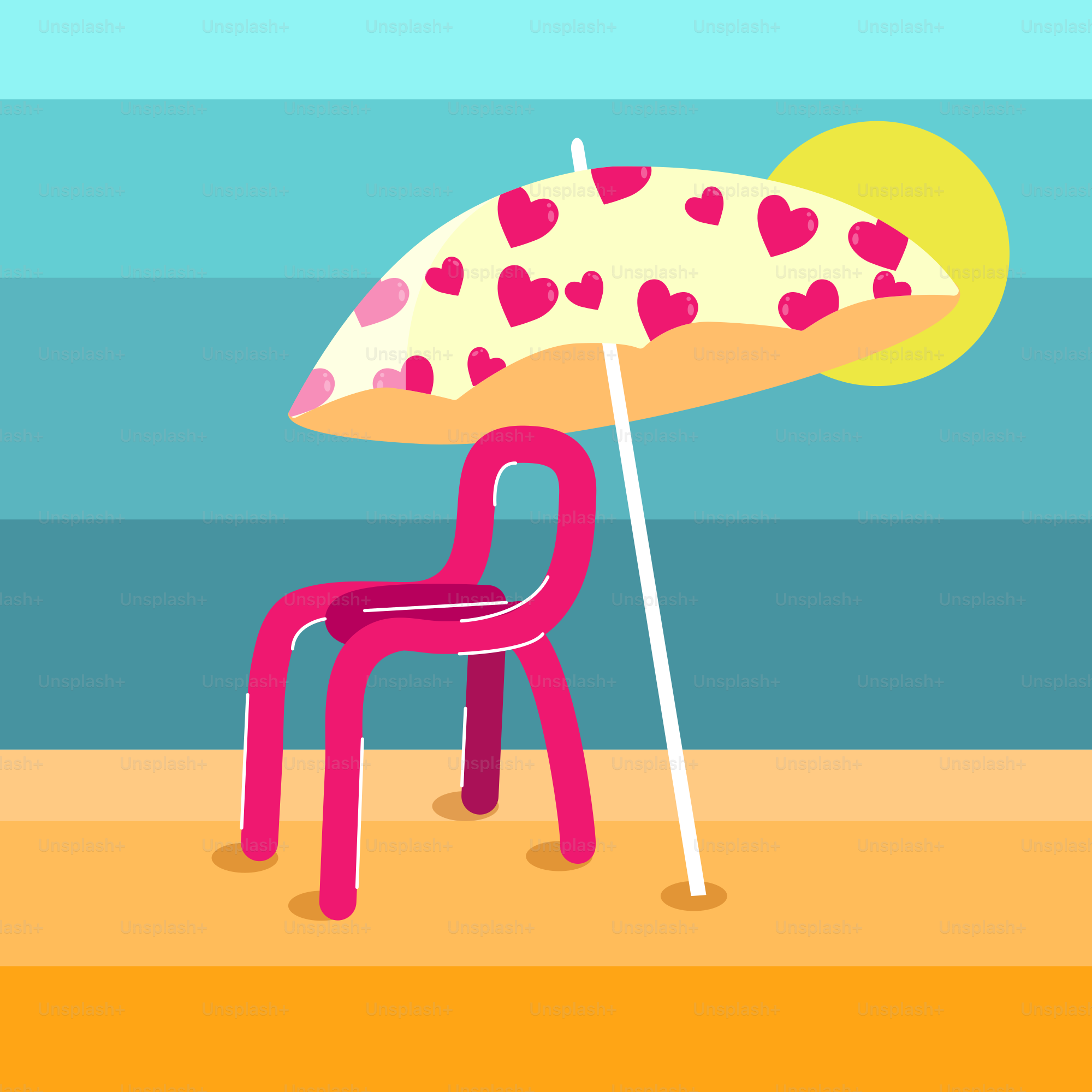 A pink chair under a heart-patterned umbrella on beach.