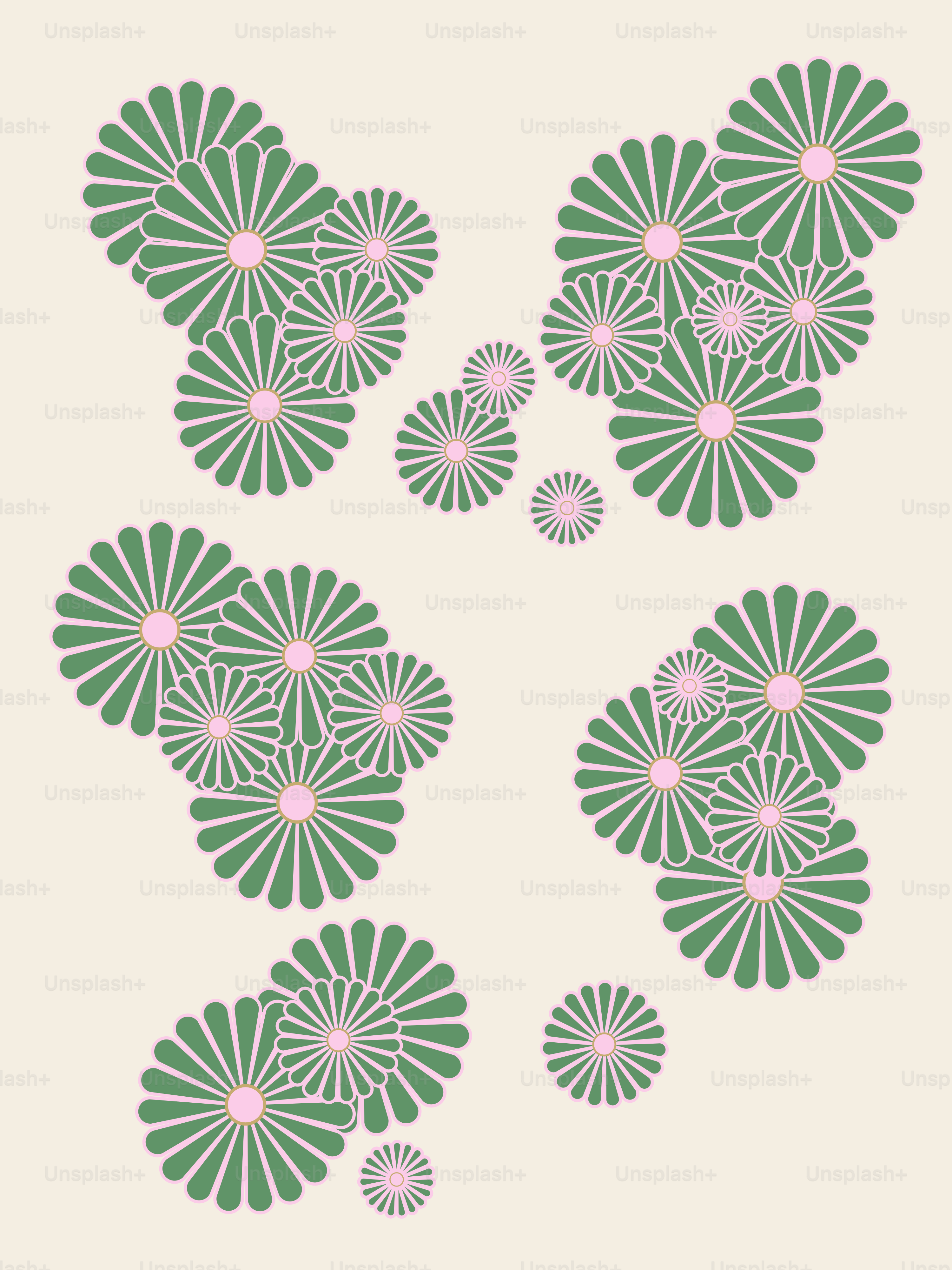 A group of green and pink flowers on a white background