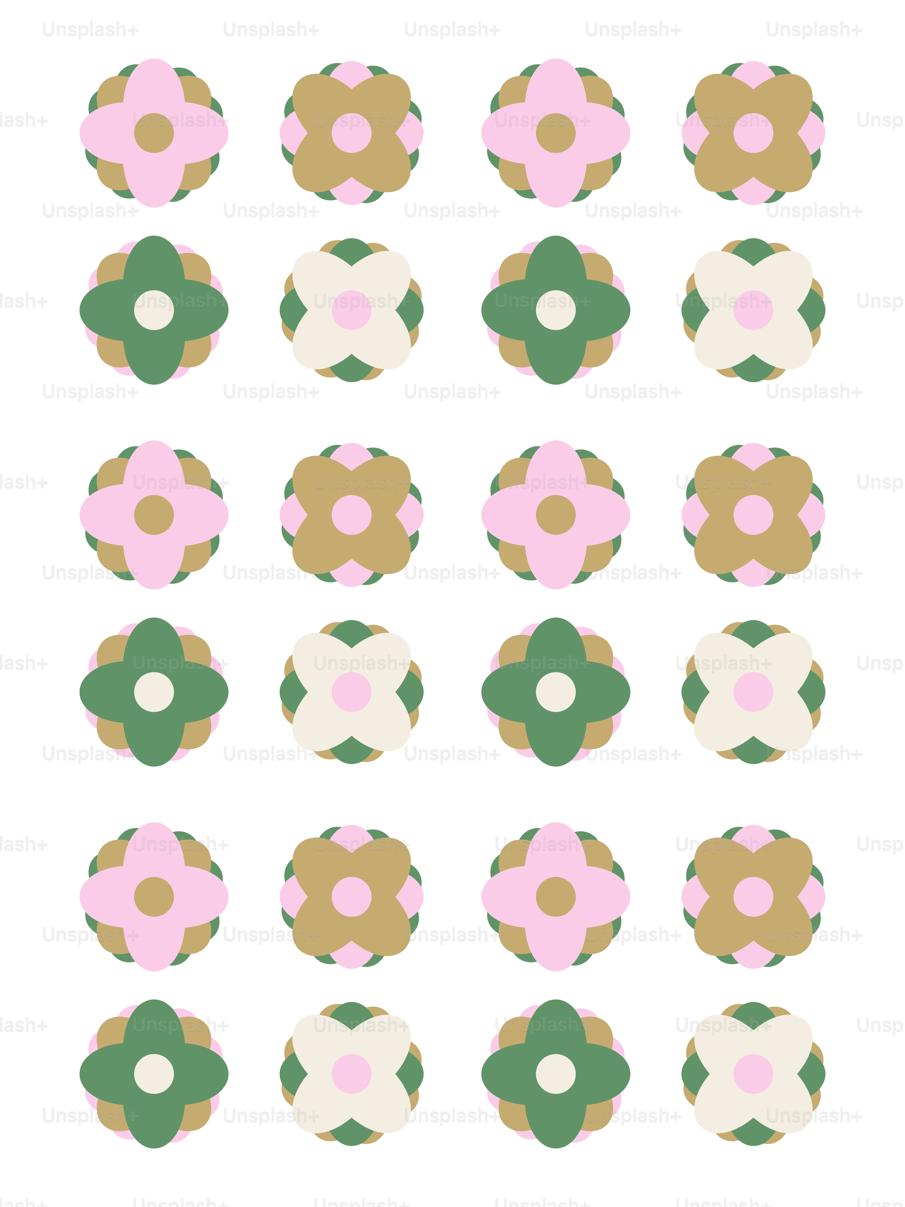 Um padrão de flores estilizadas em rosa, dourado e verde
