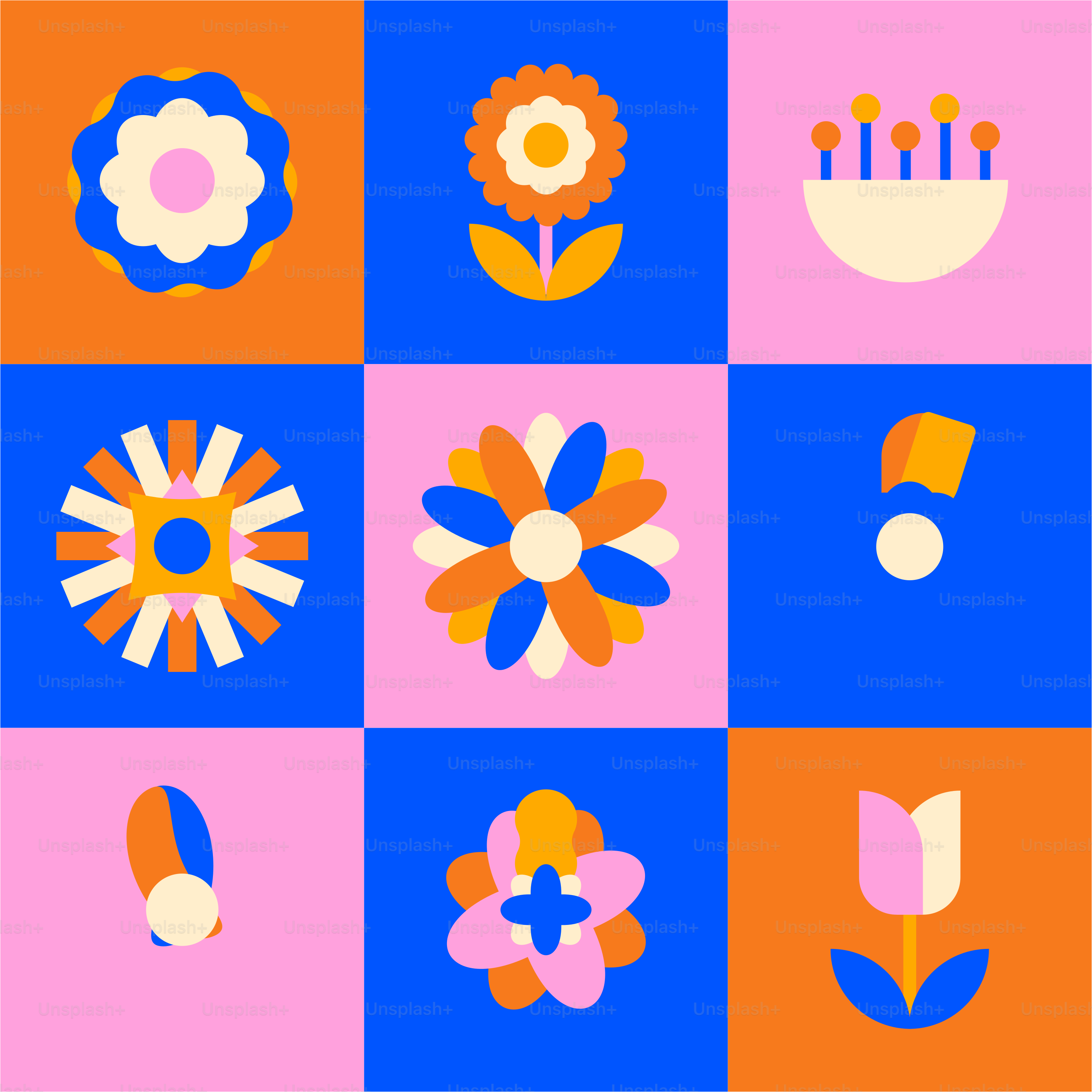 Diseños florales abstractos en colores vivos sobre una cuadrícula