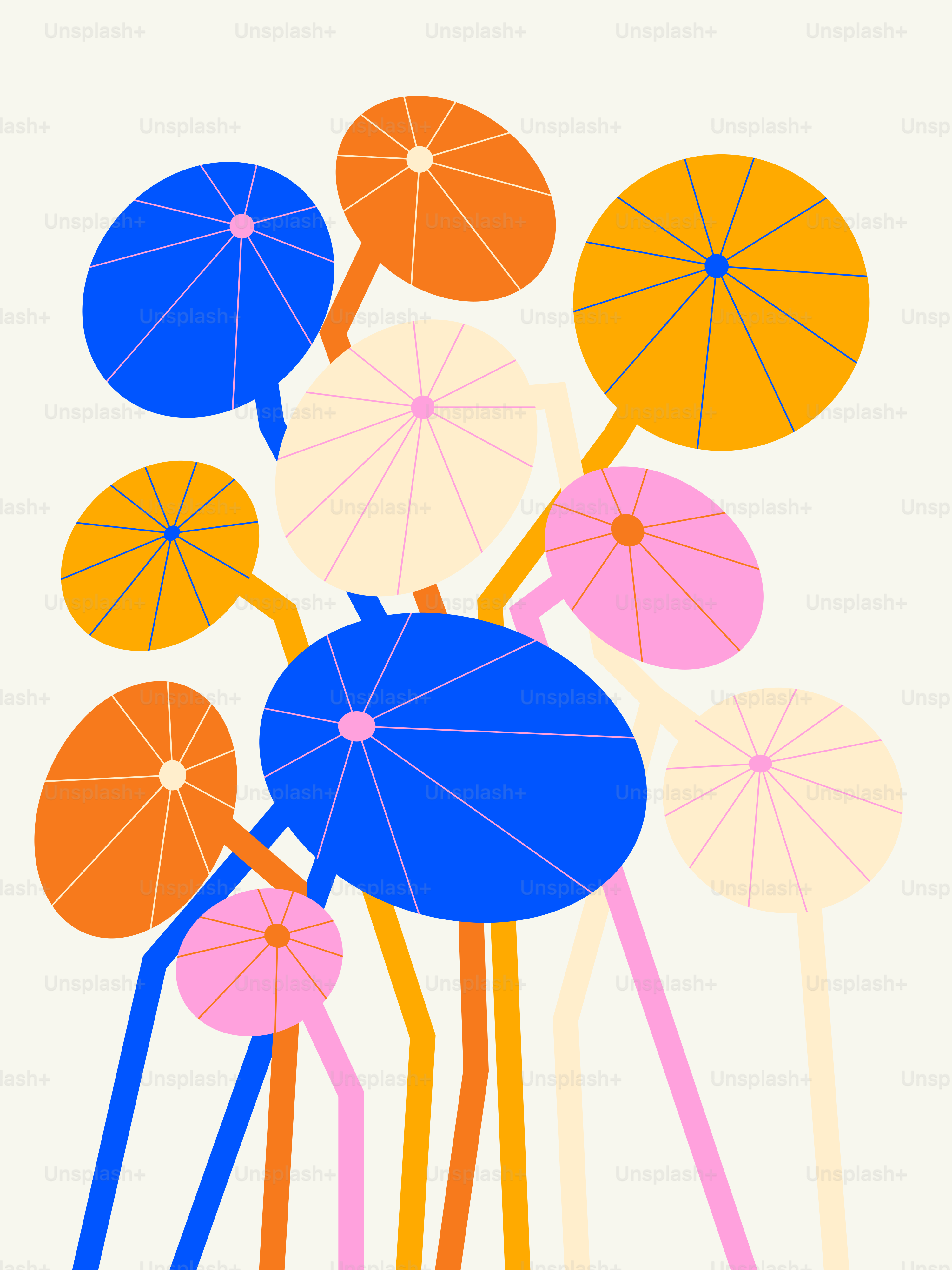 Flores abstractas y coloridas con tallos sobre fondo crema