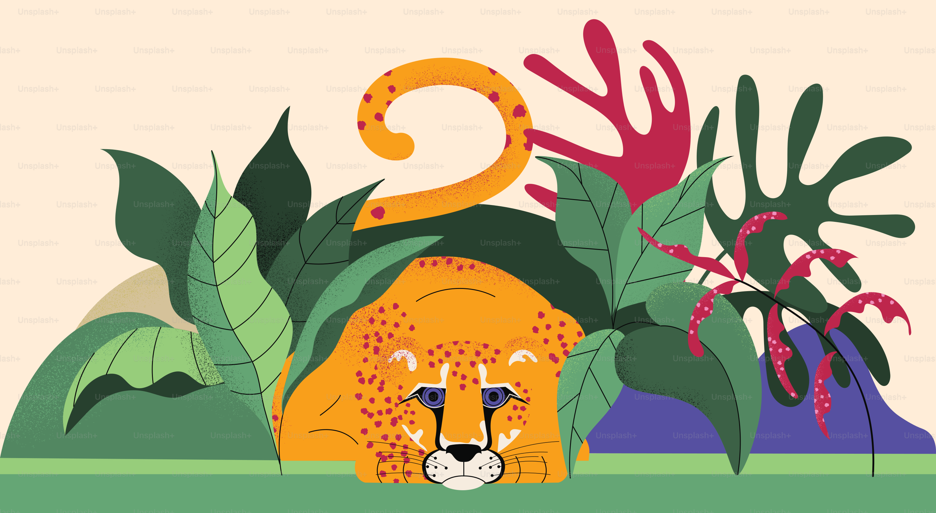 A picture of a lion surrounded by plants