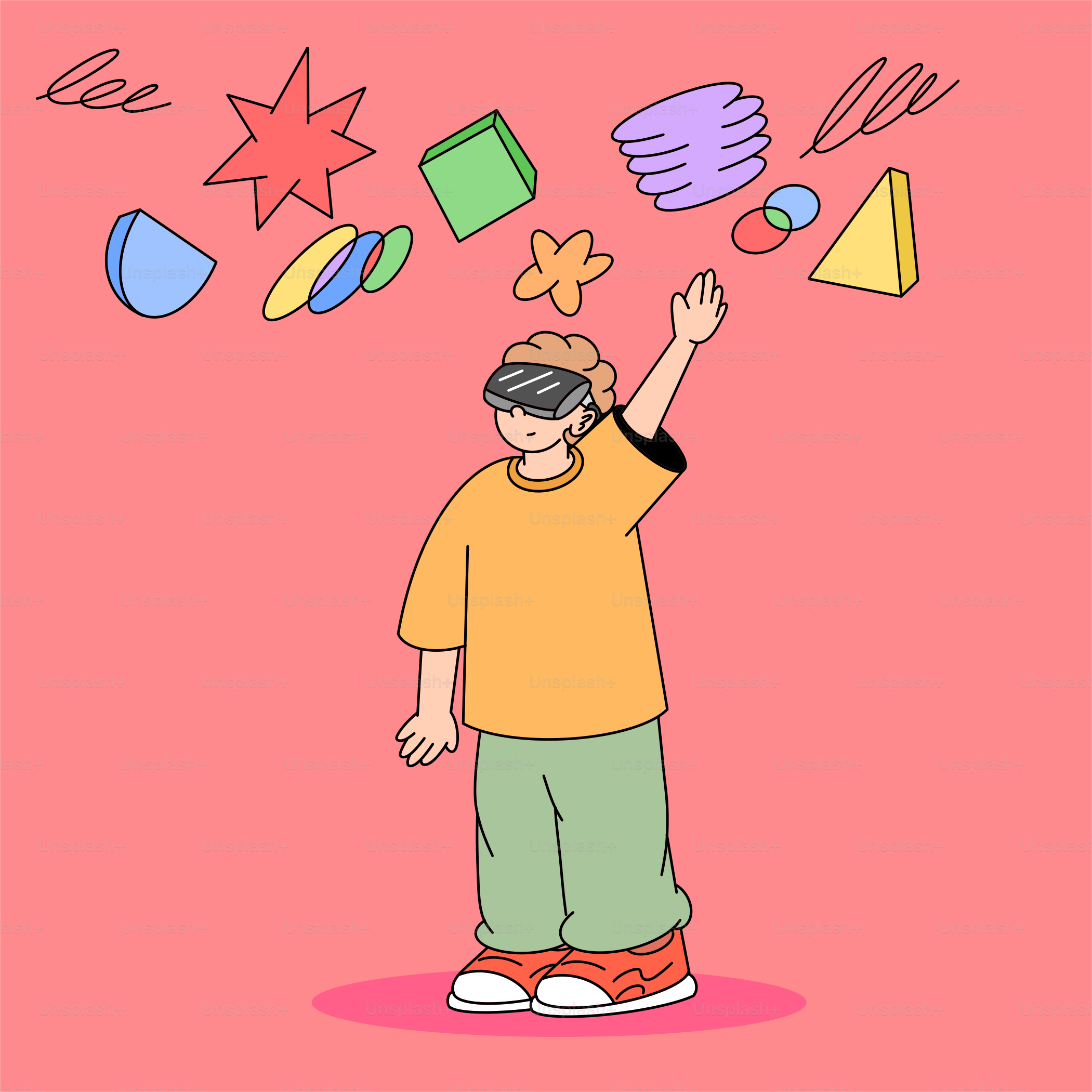 Person wearing vr headset interacting with abstract shapes.