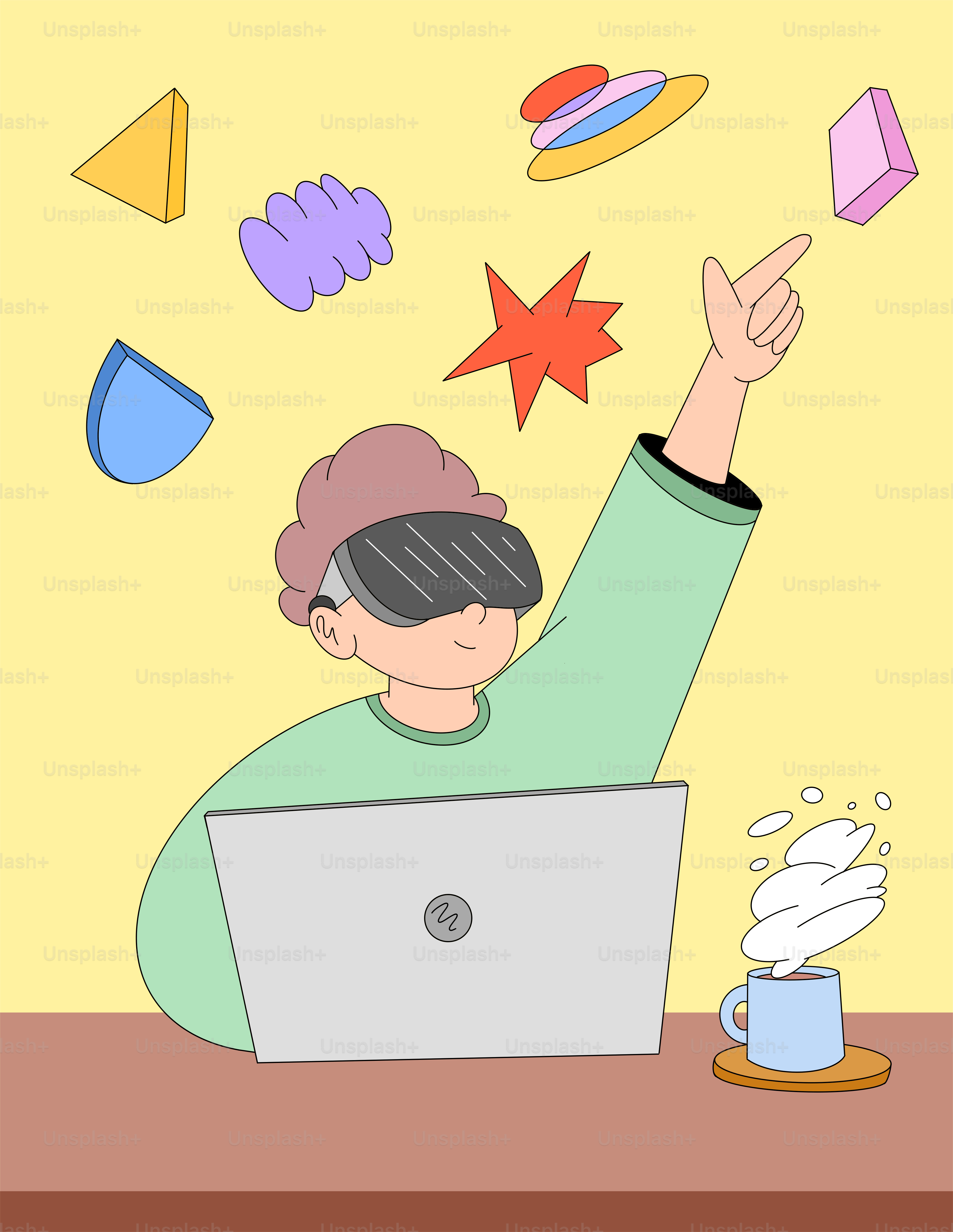 Person wearing vr headset interacts with floating geometric shapes.