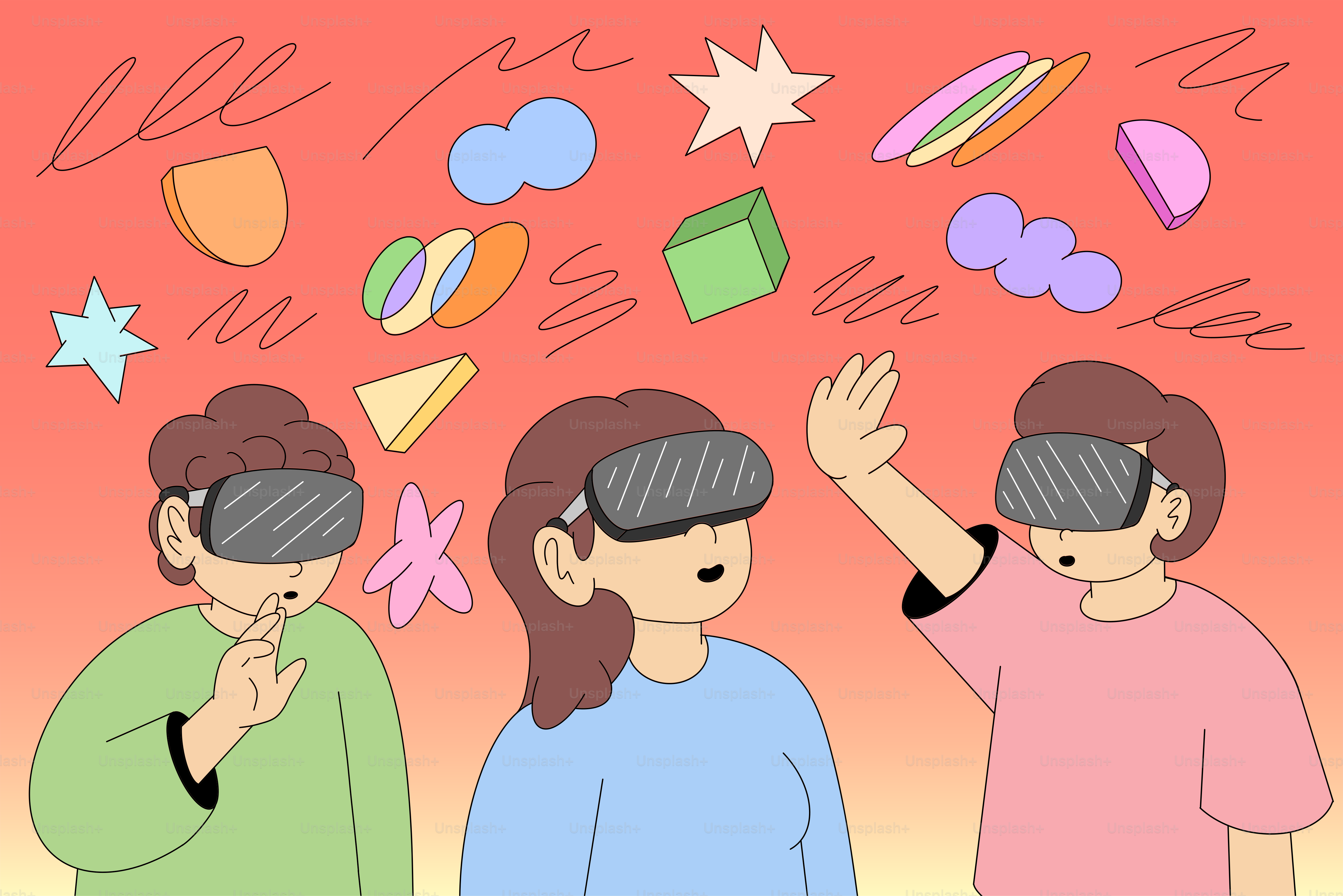 Tiga orang mengenakan headset vr berinteraksi dengan bentuk abstrak.