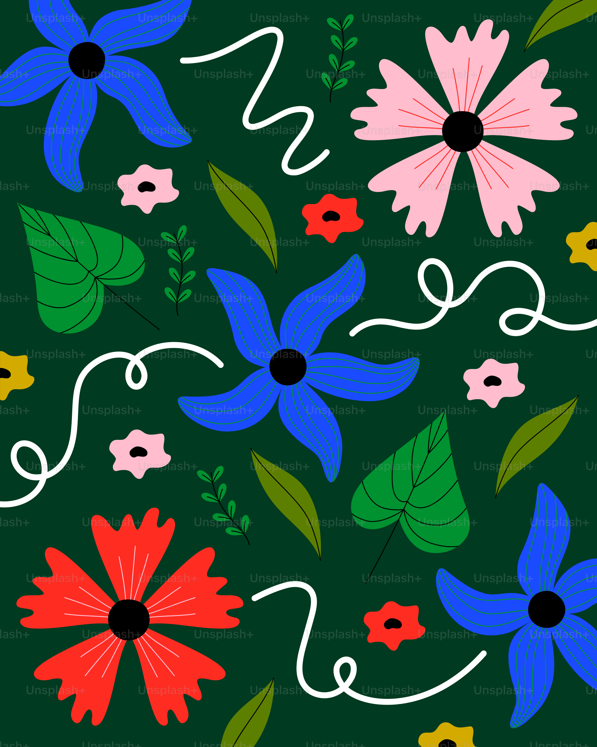 Colorful abstract flowers and leaves on dark green background