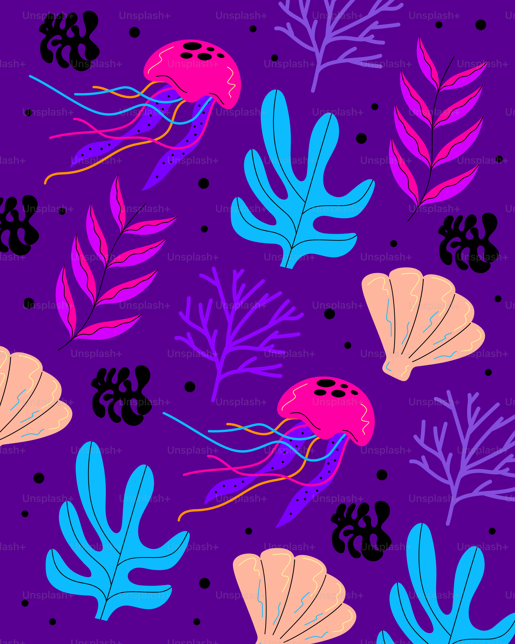 Pink jellyfish and coral on purple background