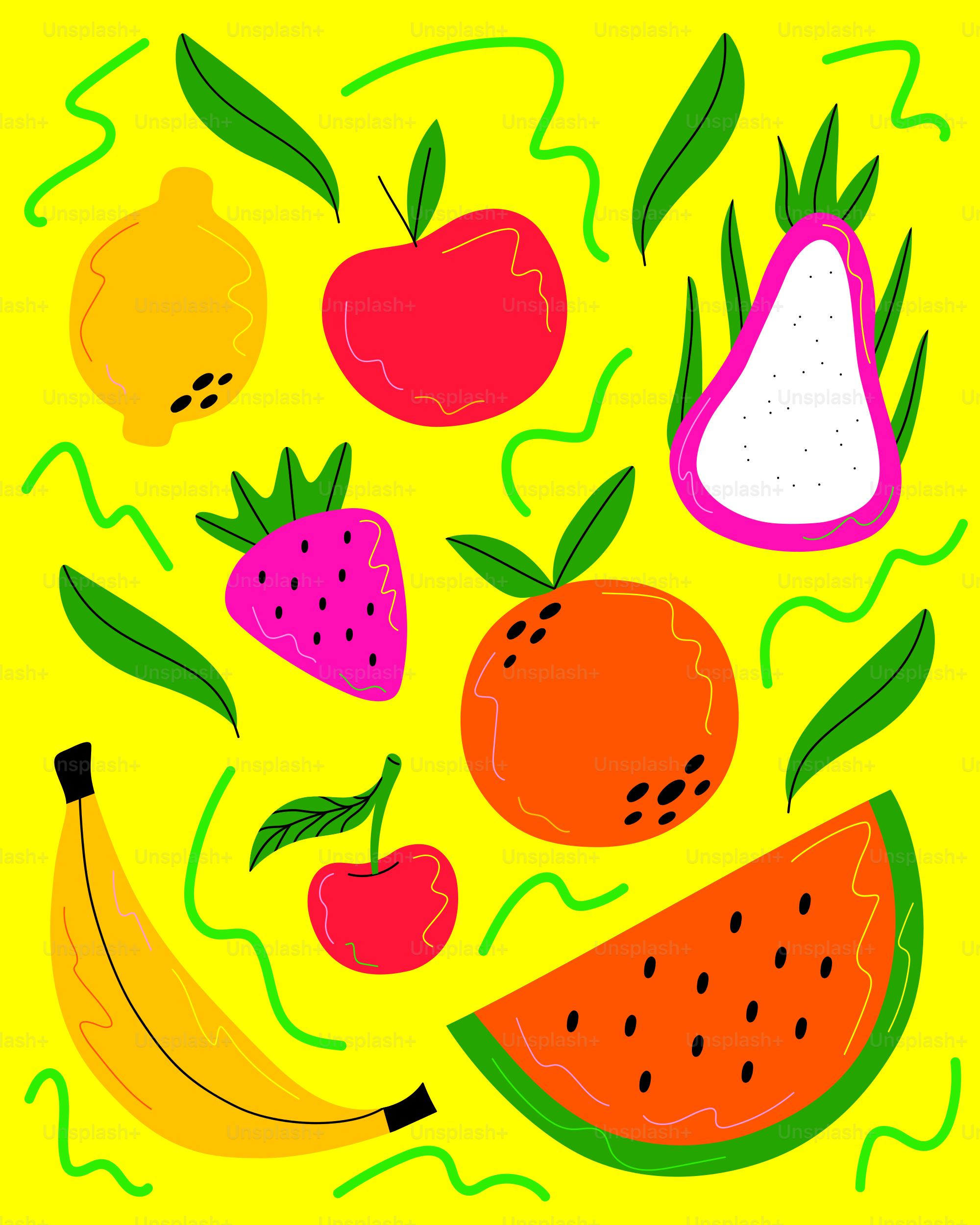 Surtido de frutas coloridas sobre fondo amarillo