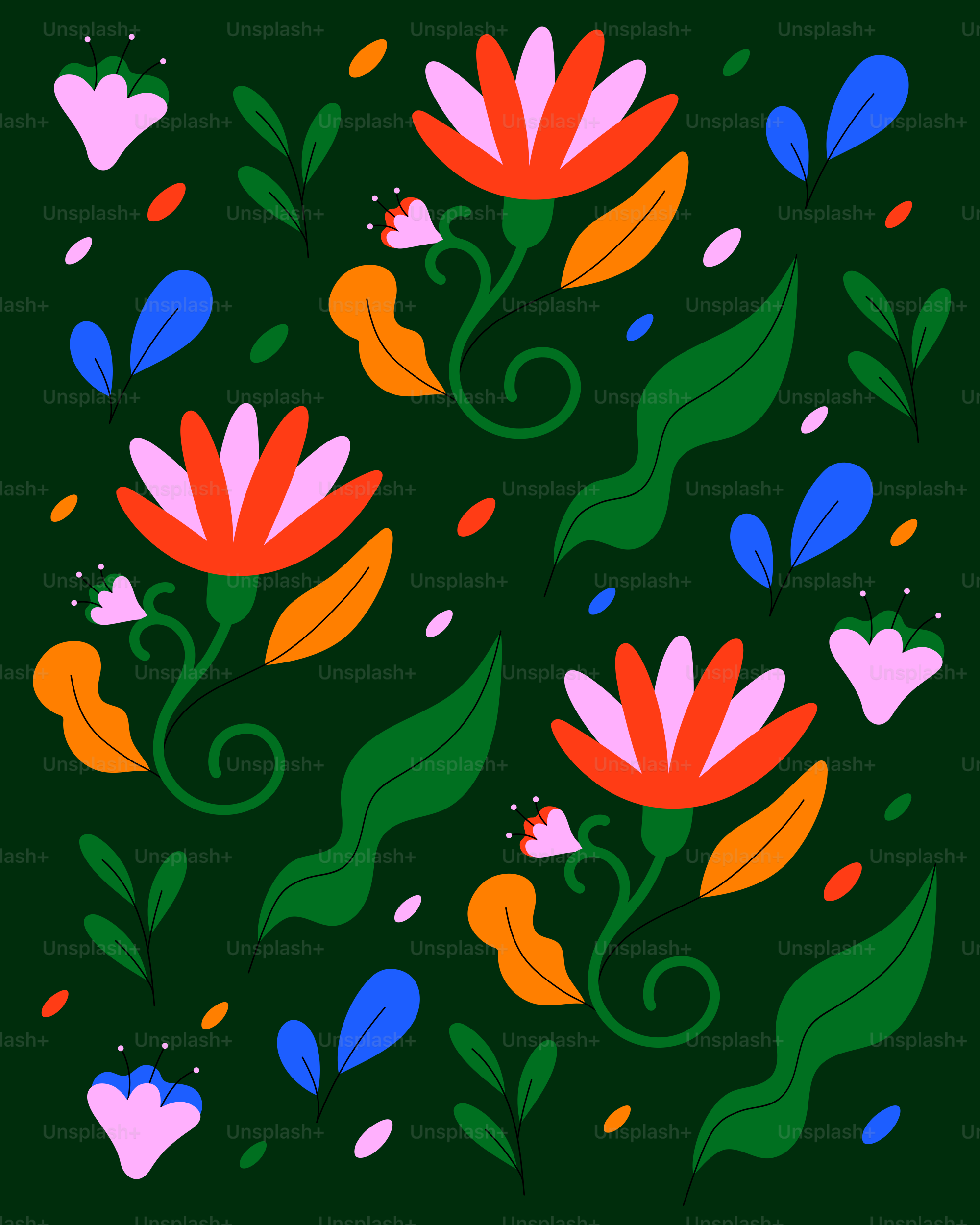A green background with colorful flowers and leaves