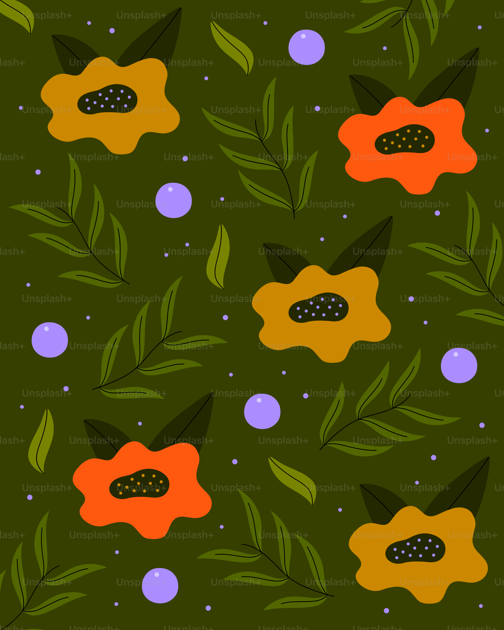 a pattern with flowers and leaves on a green background
