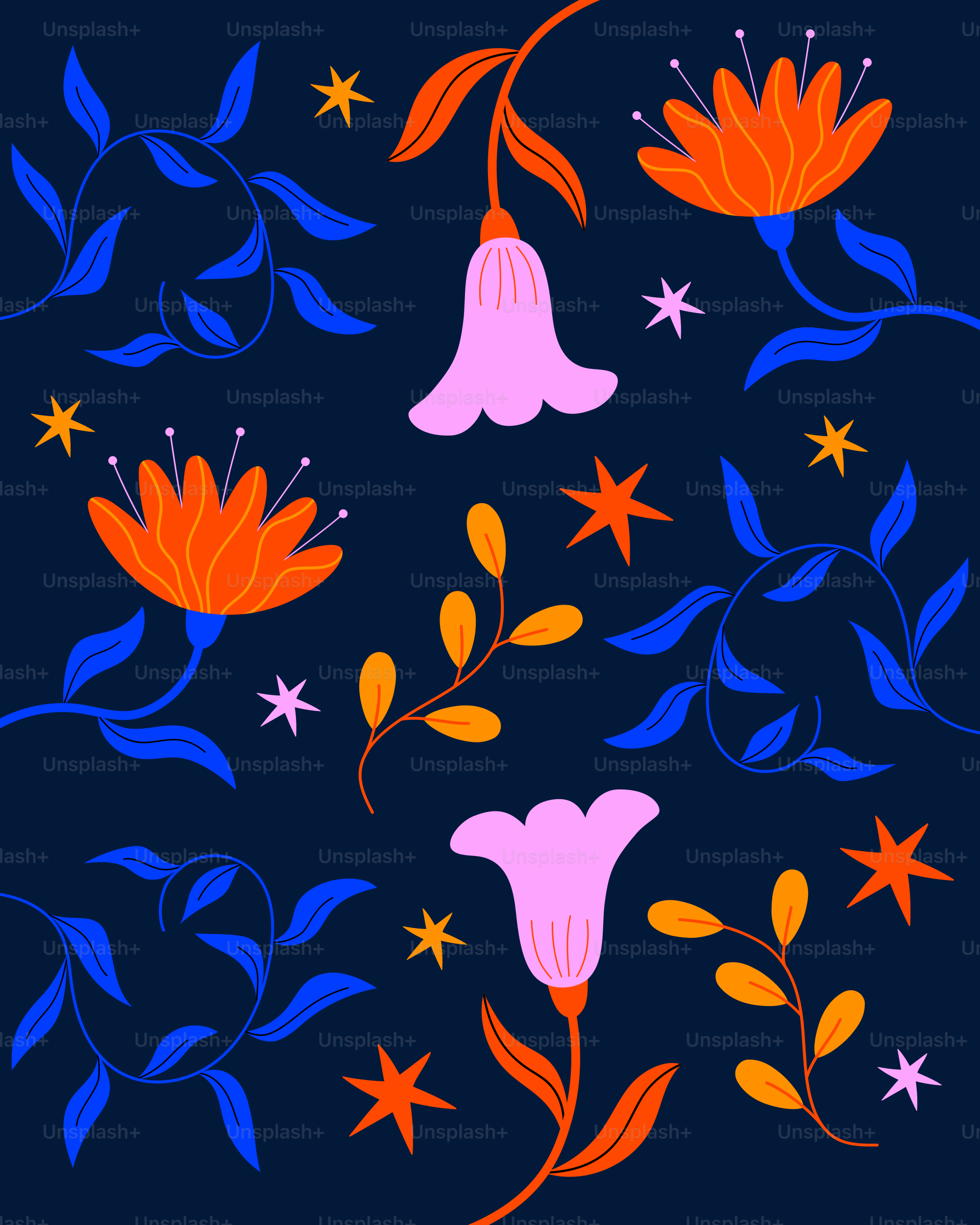 A blue background with orange, pink, and blue flowers