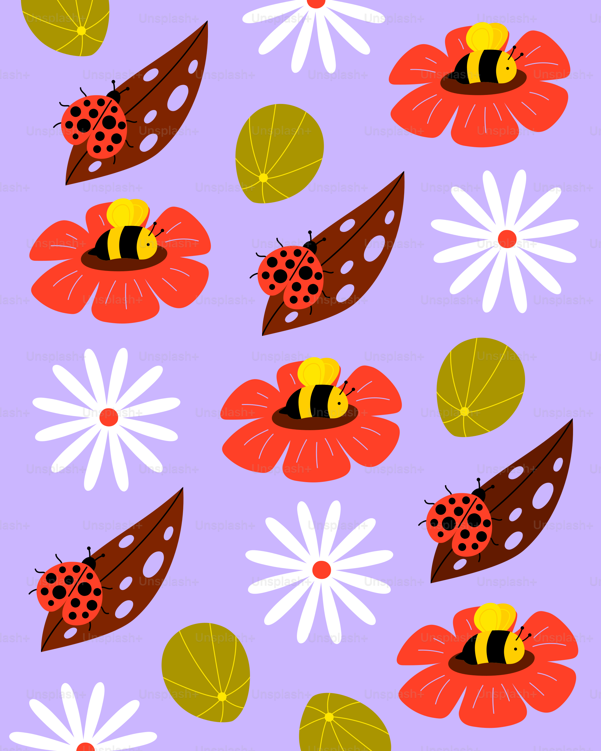 Ladybugs and bees on flowers and leaves pattern.