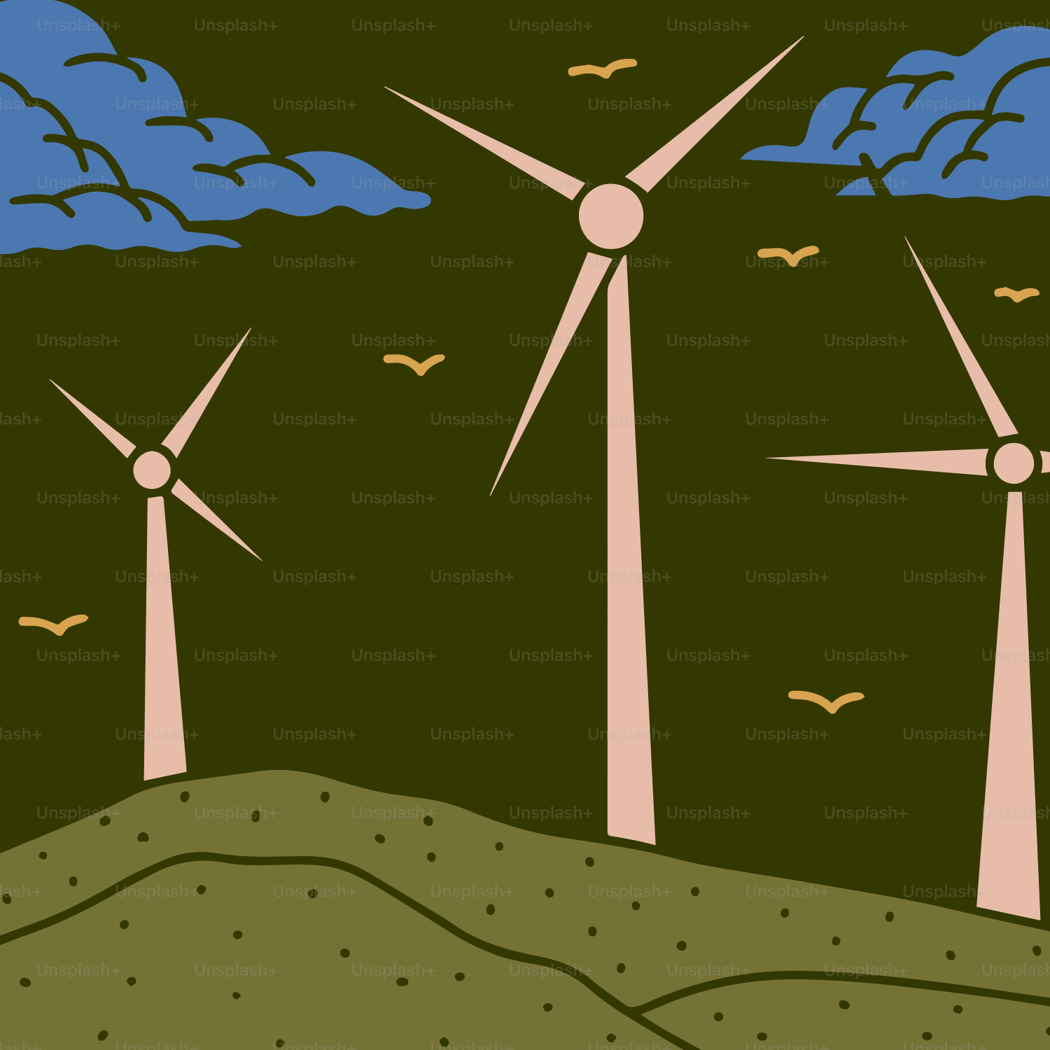 Tres aerogeneradores en una colina cubierta de hierba bajo las nubes