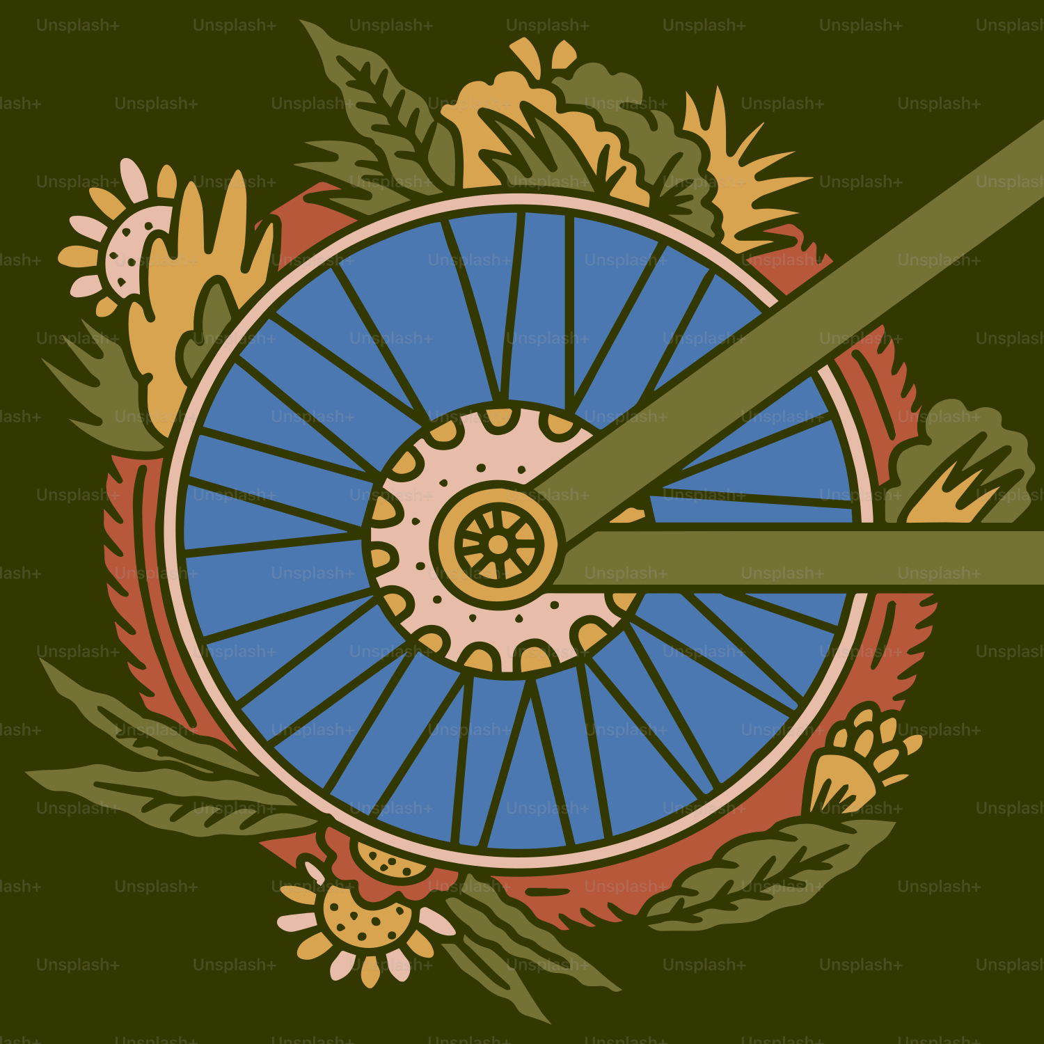 Rueda de bicicleta azul rodeada de flores y hojas de colores