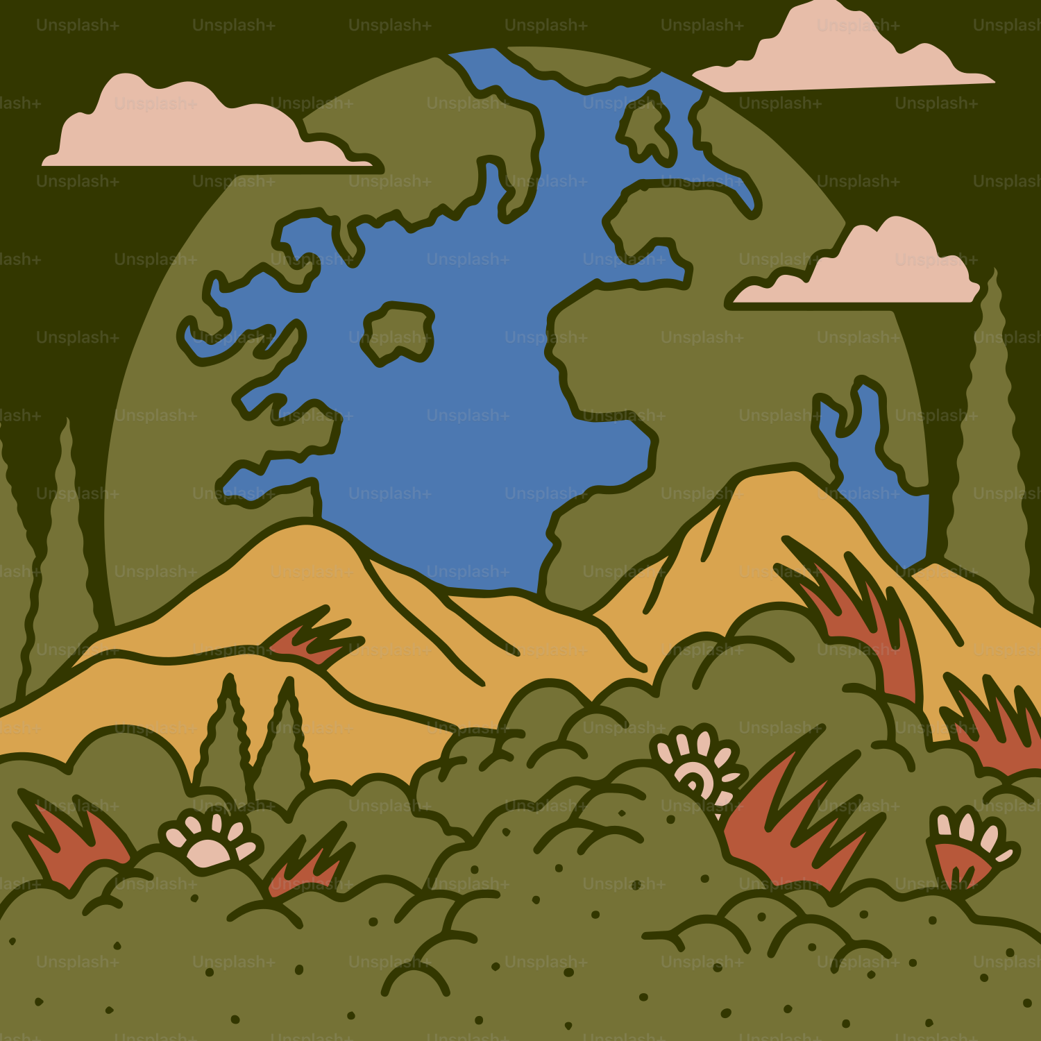 a drawing of a landscape with mountains and a body of water