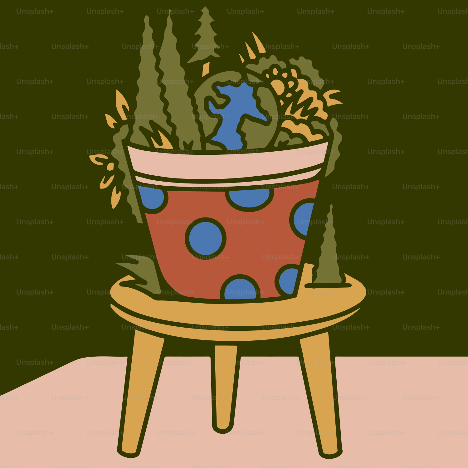 Topfpflanze mit Erde und Bäumen auf einem Hocker.